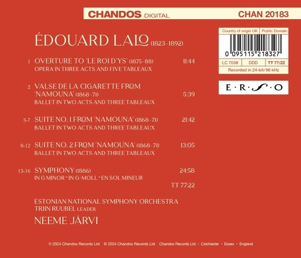 CD-Rückseite: Liste von Werken von Lalo, dirigiert von Neeme Järvi.