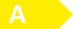 Ein gelbes Energieeffizienzlabel mit einem weißen „A“ und einem Pfeil.