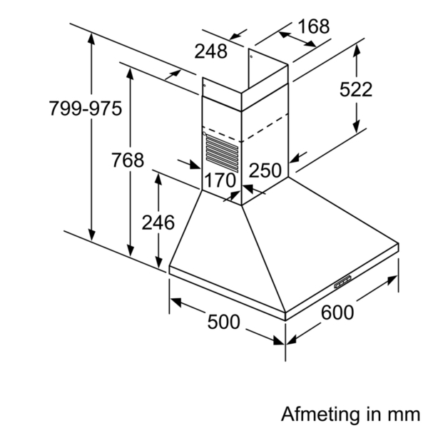 Technische tekening van een afzuigkap met afmetingen in mm.