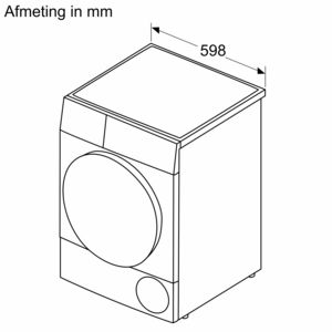 Dessin au trait d'un lave-linge blanc, avec dimensions en mm. Vue de face avec porte ronde.