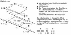 Technische Zeichnung eines Kochfelds mit Abmessungen in mm und Textbeschreibungen. Zeigt Ausschnittsgrößen und Abstände.