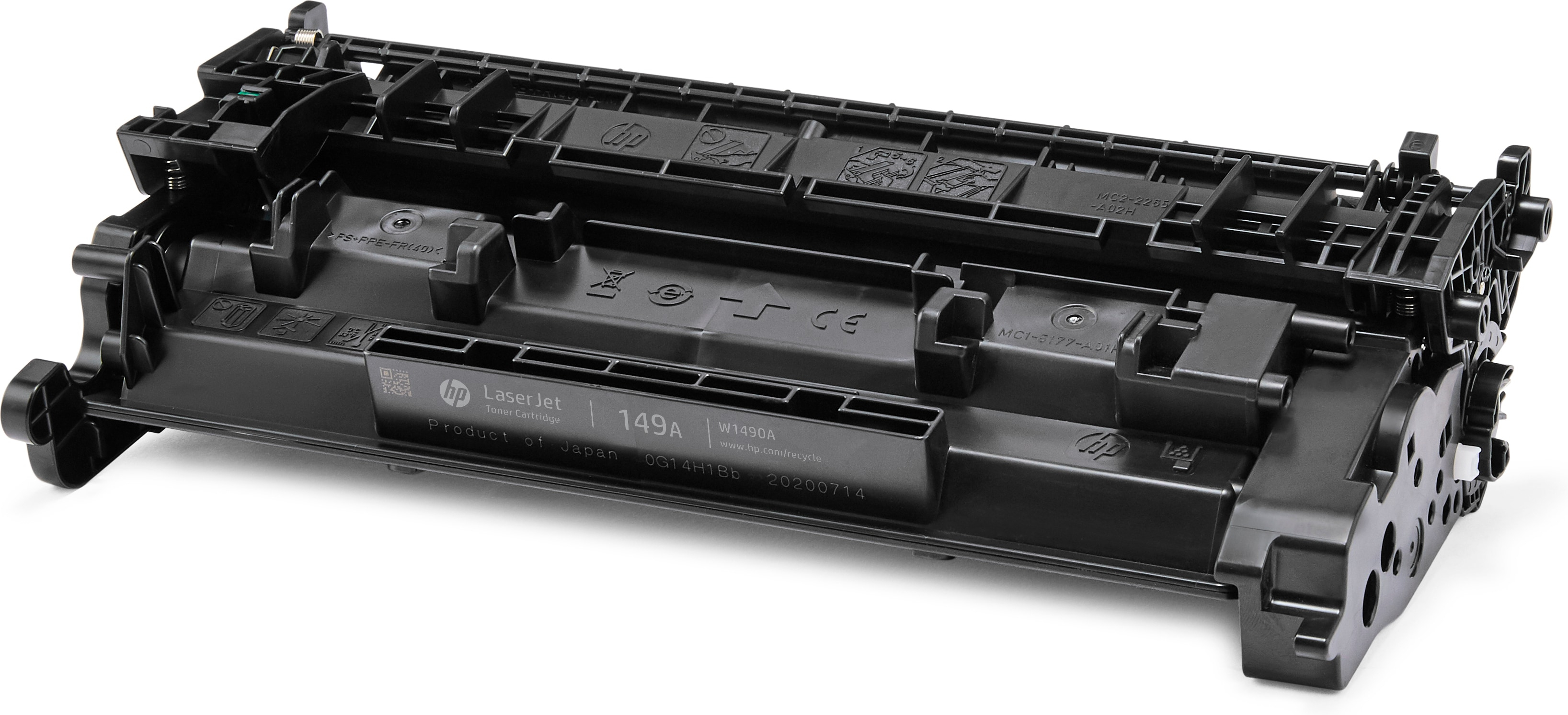 Eine schwarze HP LaserJet Tonerkartusche mit Etiketten und Produktinformationen.