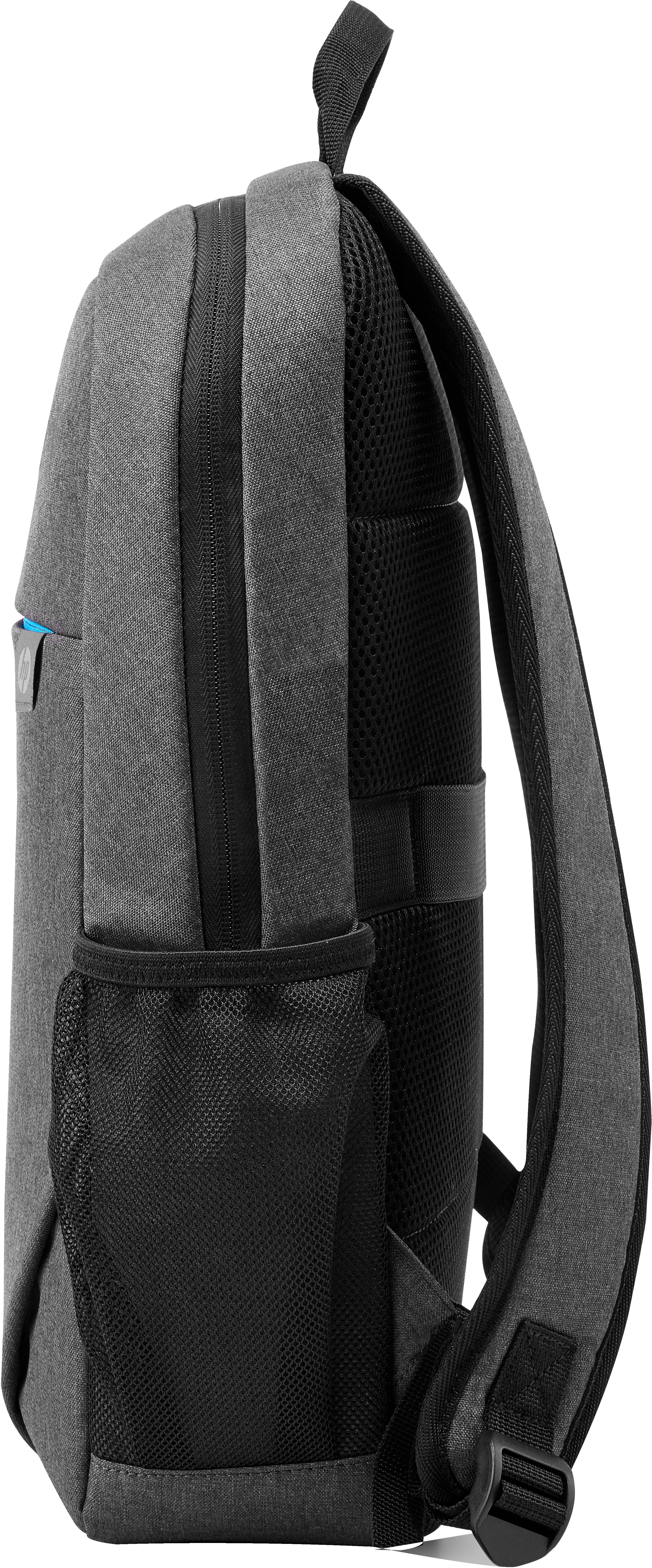Grauer Rucksack, Seitenansicht, mit Netztasche und schwarzer Rückenstütze.
