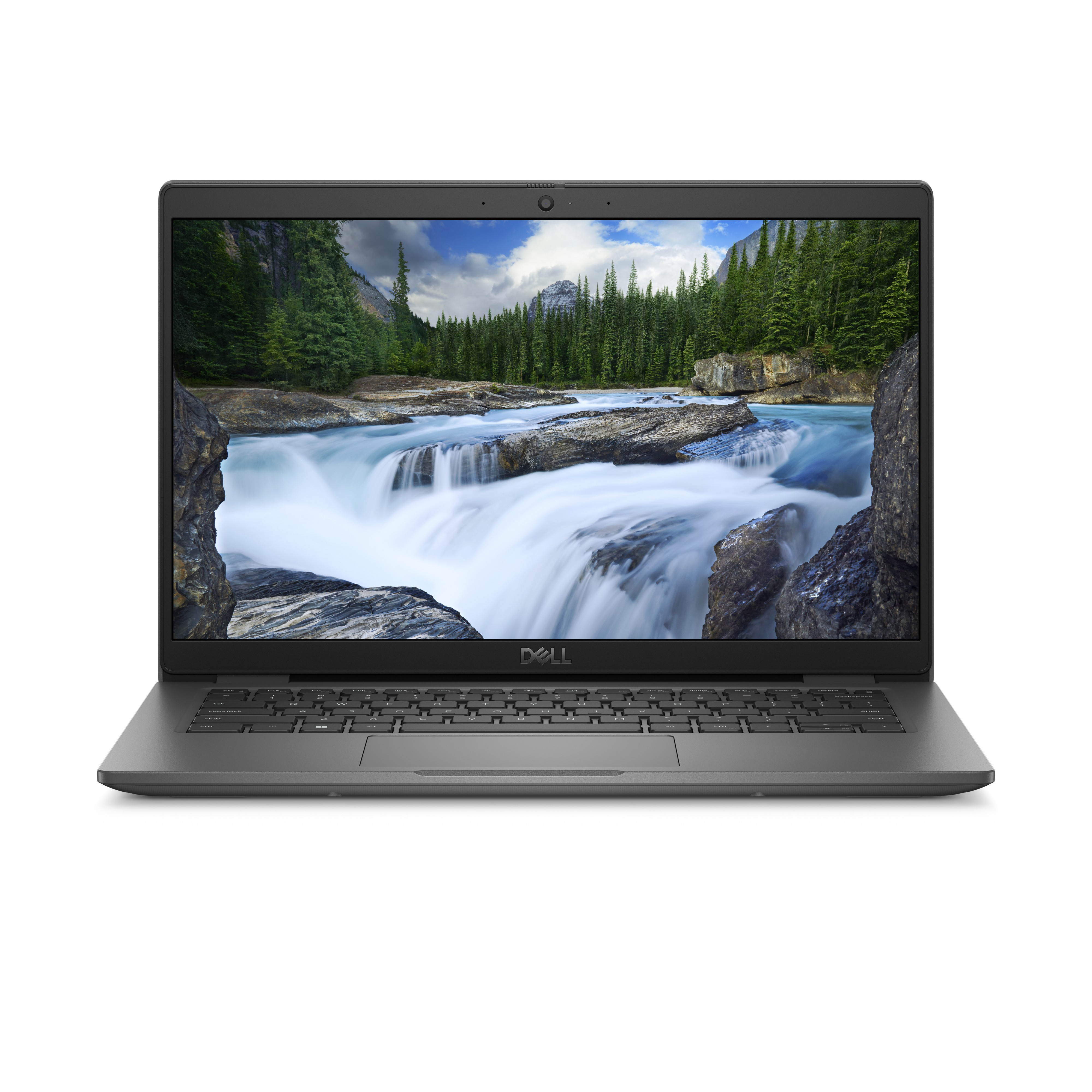 Ein grauer Laptop, der eine Wasserfallszene zeigt, vor einem weißen Hintergrund.