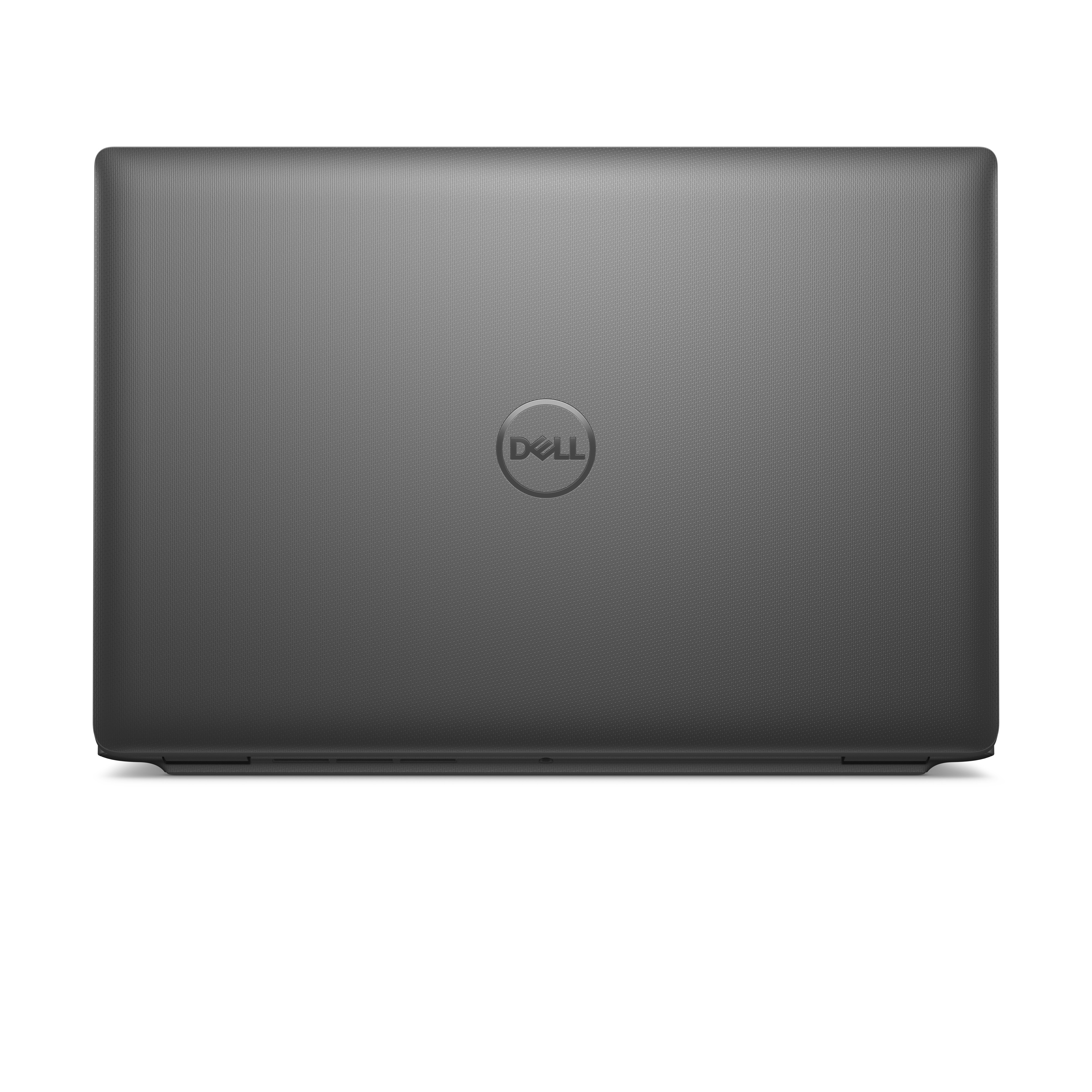 Geschlossener Laptop, Draufsicht. Graue, strukturierte Oberfläche mit Dell-Logo.