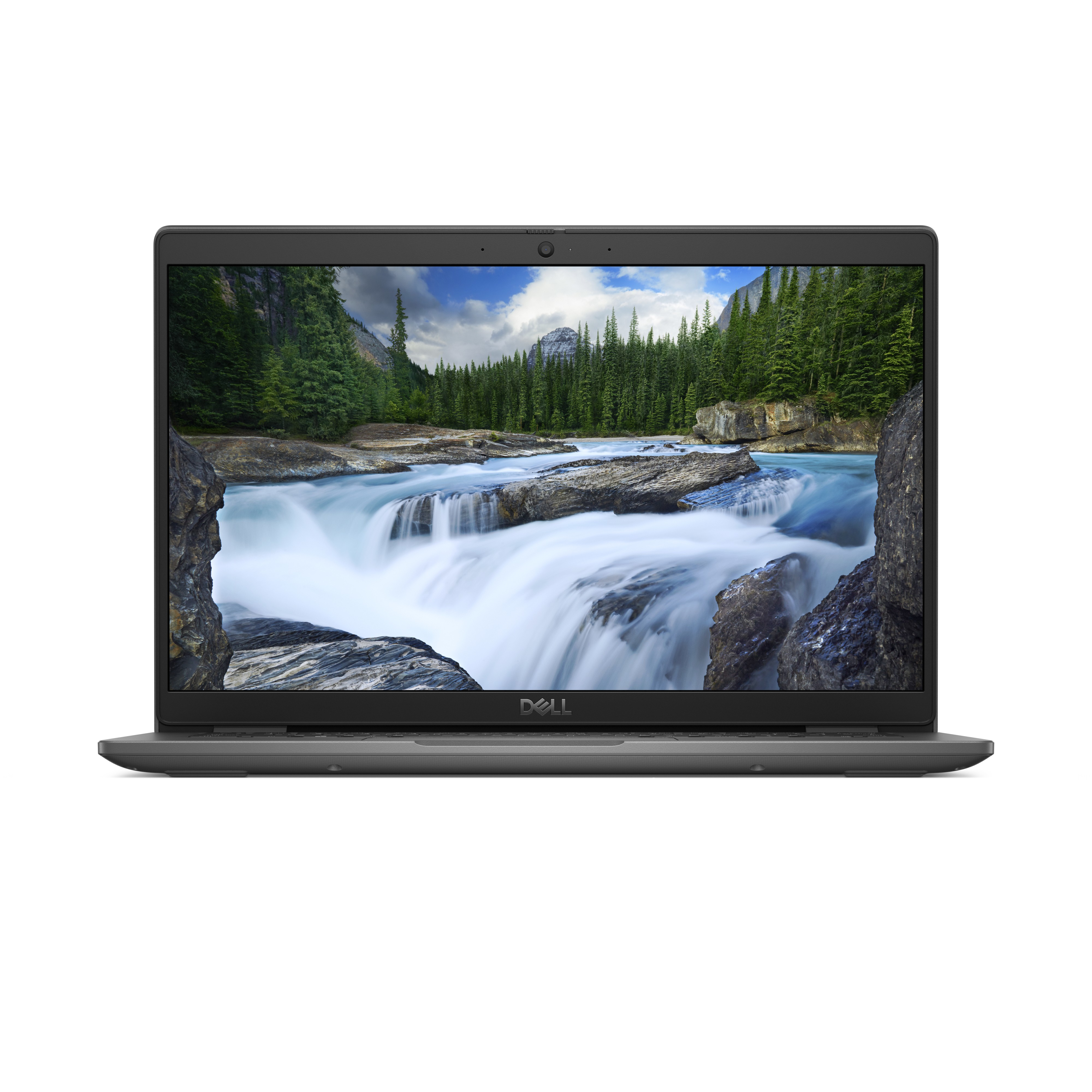 Laptop auf weißem Hintergrund. Bildschirm zeigt eine Flussszene mit Bergen und Wald.