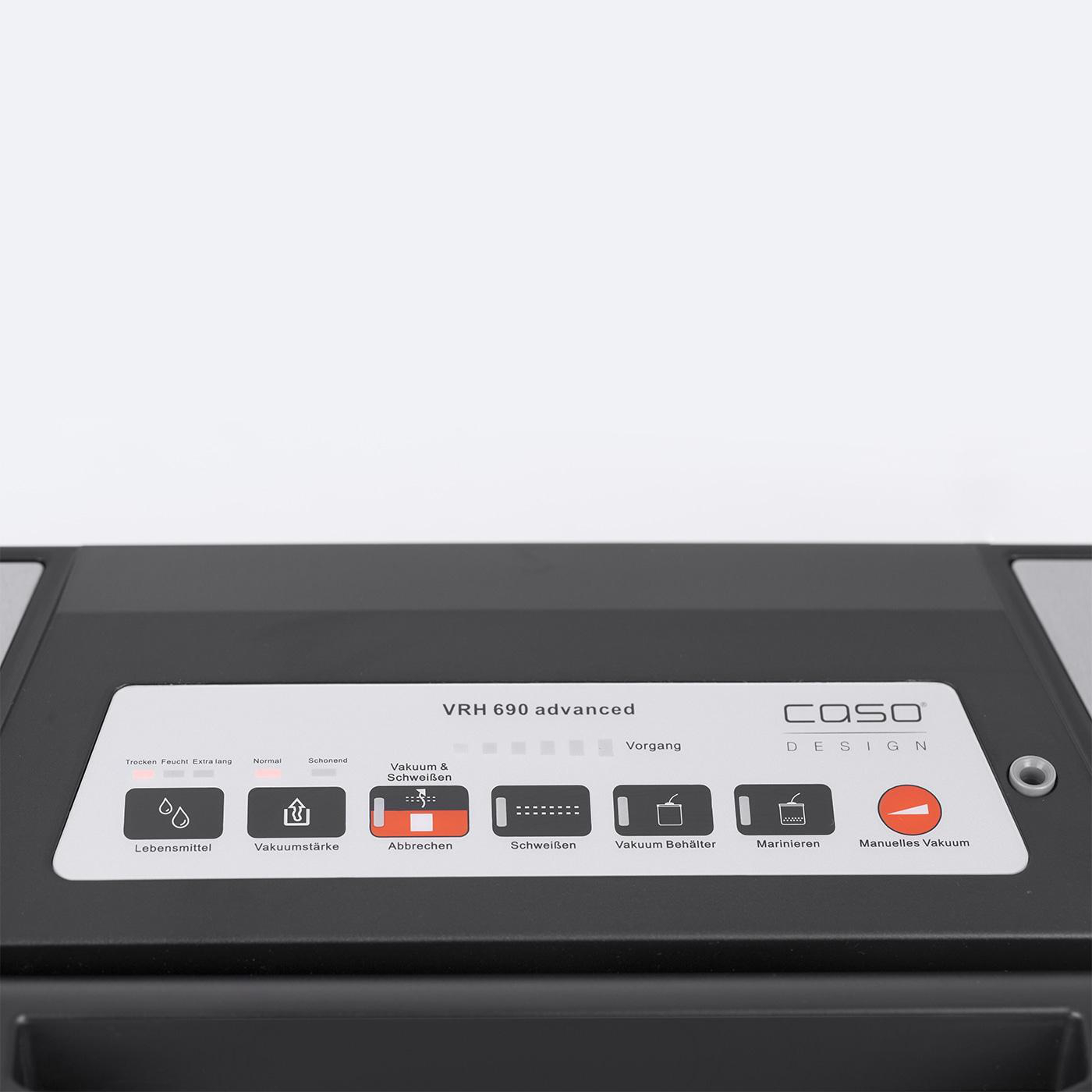 Ein schwarzes Vakuumiergerät mit Knöpfen und Digitalanzeige, zeigt verschiedene Einstellungen.