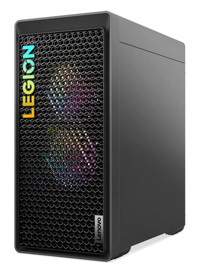 Czarny komputer do gier Lenovo Legion. Ma siatkowy panel przedni z logo Legion i tęczowym oświetleniem.