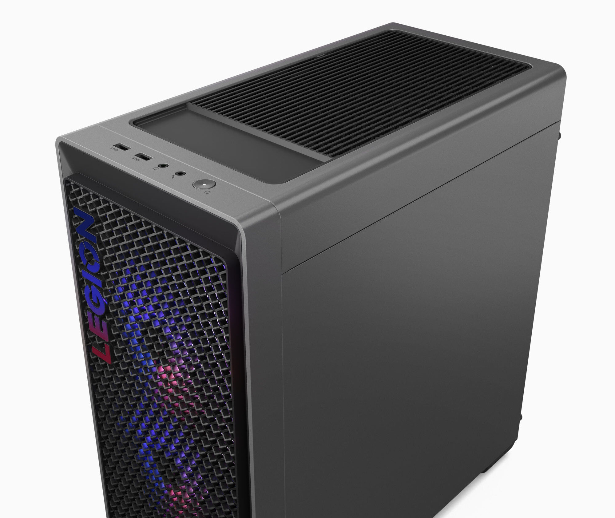 Ciemnoszara obudowa Lenovo Legion PC z siatkowym panelem przednim z niebieskimi i czerwonymi światłami.