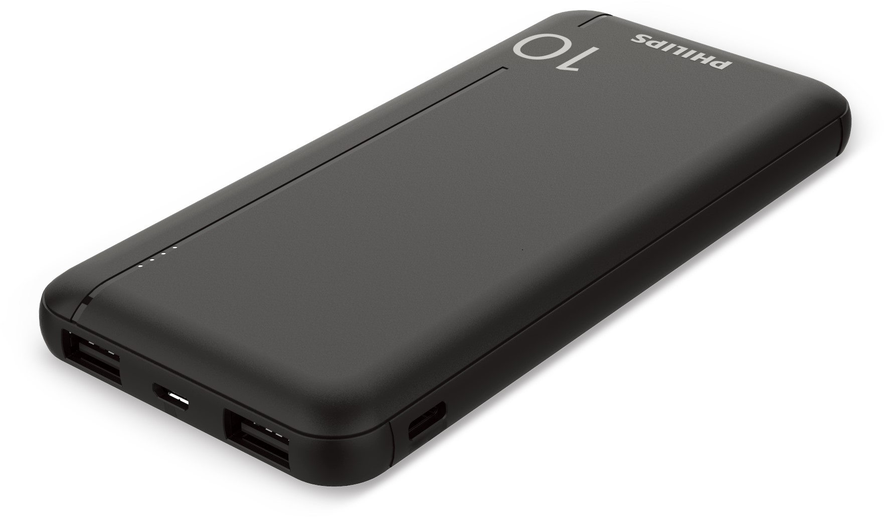 Üzerinde 10 yazan siyah Philips powerbank. İki USB portu ve bir USB-C portu var.