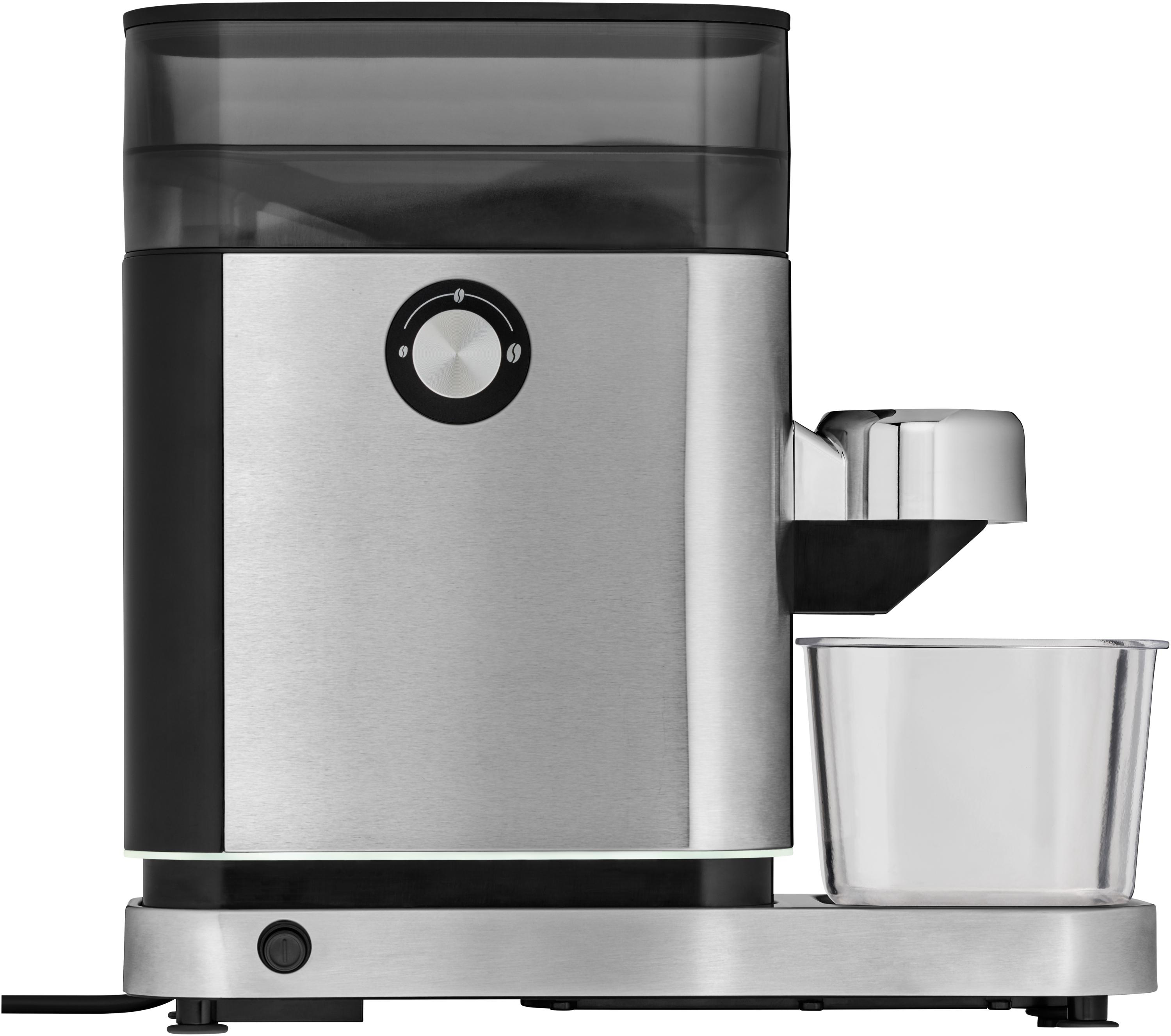 Silberner und schwarzer Kaffeemühle mit transparentem Bohnenbehälter und schwarzem Sockel mit Ein-Aus-Schalter.