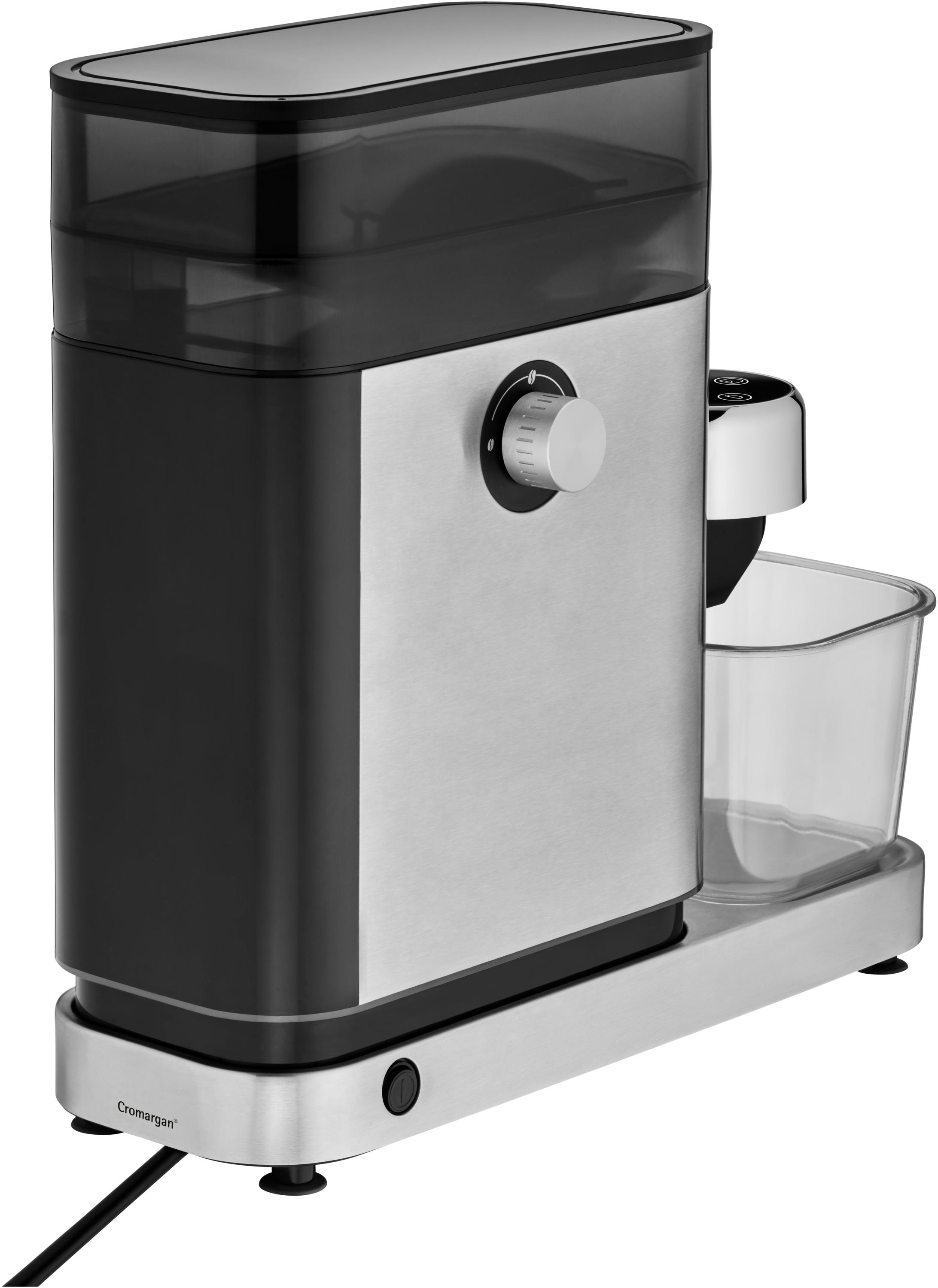 Kaffeemühle mit Trichter und transparentem Auffangbehälter.