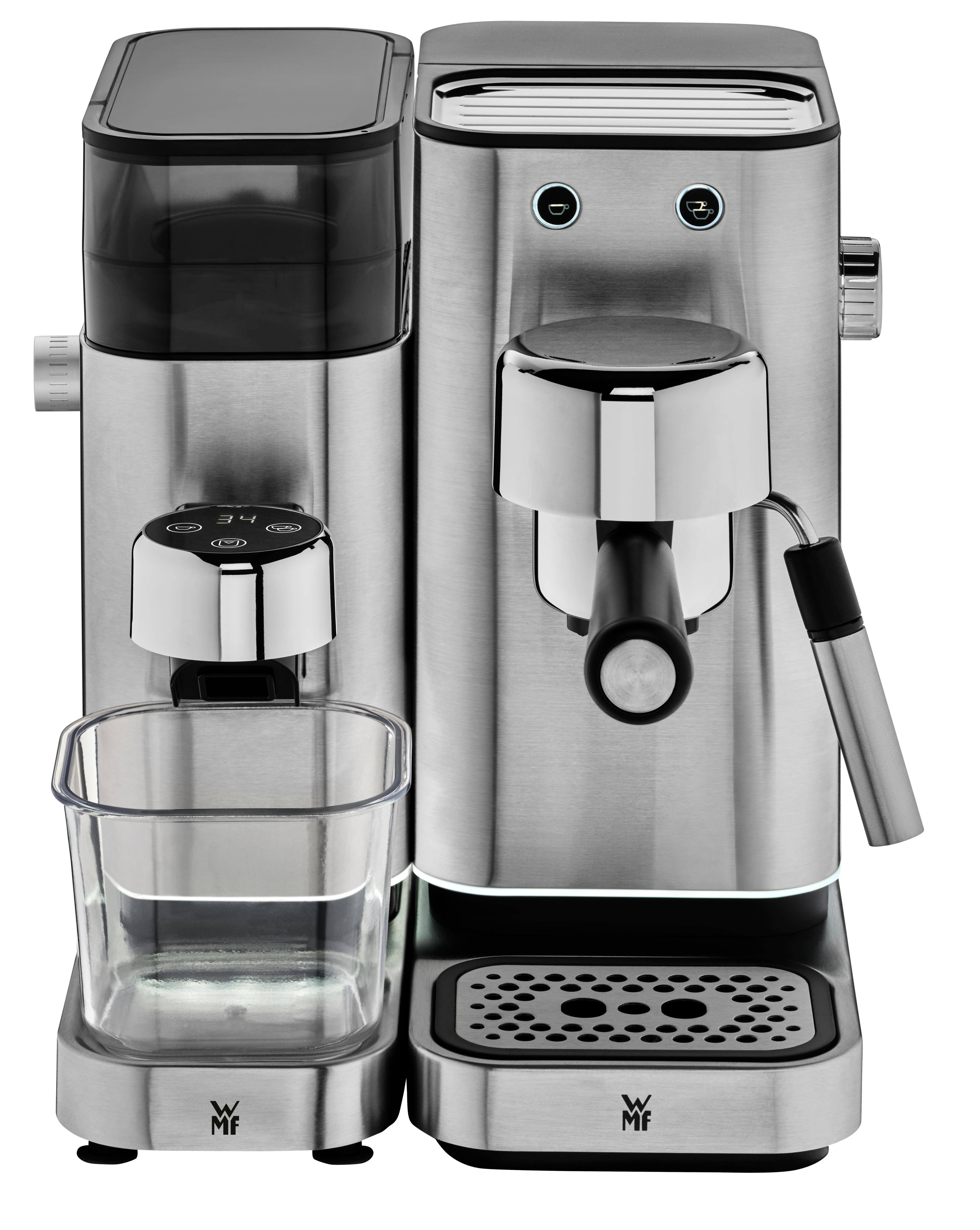 Espressomaschine aus Edelstahl. Hat Mahlwerk, Wasserbehälter und zwei Auslässe.