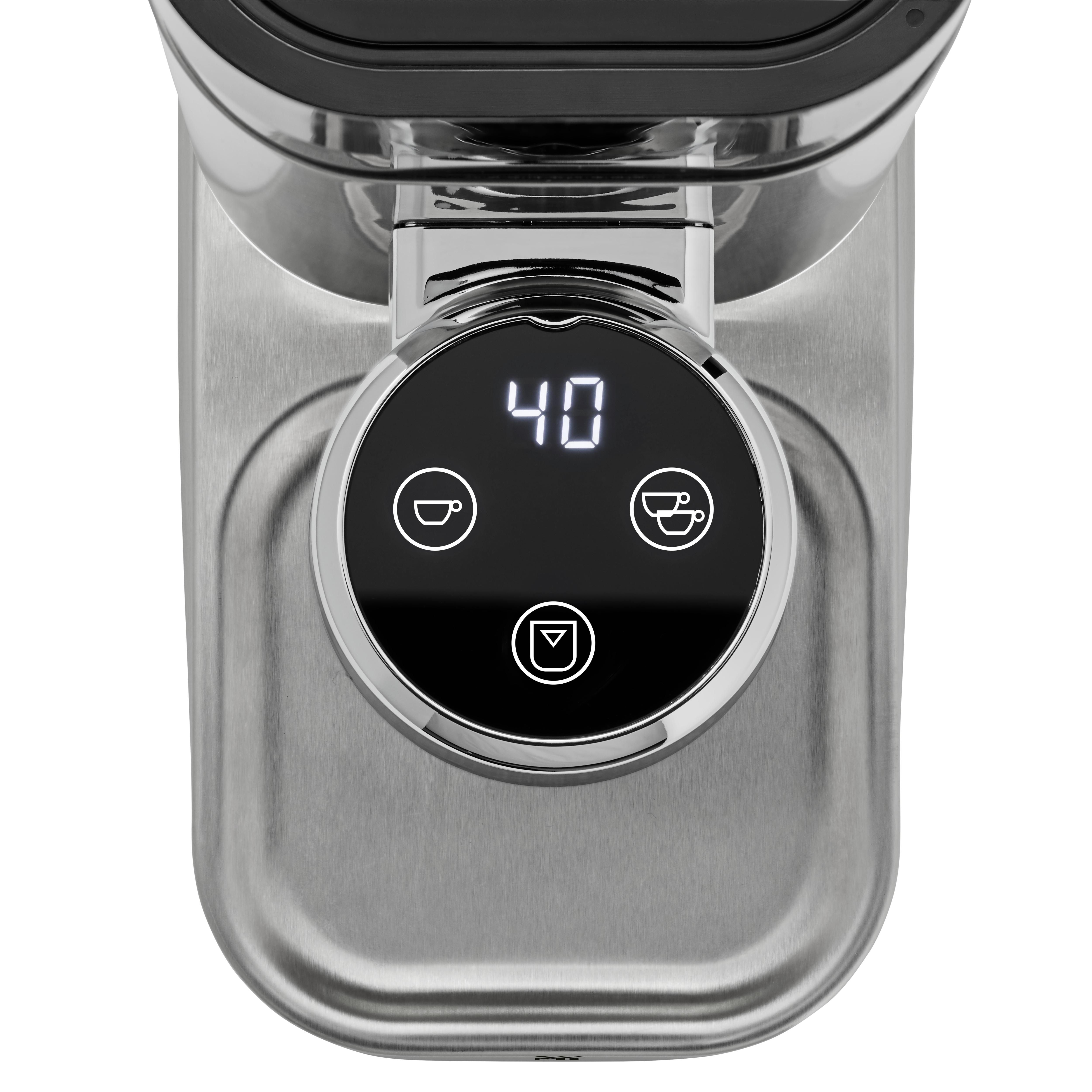 Nahaufnahme des Displays einer Kaffeemaschine. Die Zahl 40 wird angezeigt. Zwei Tassen-Icons.