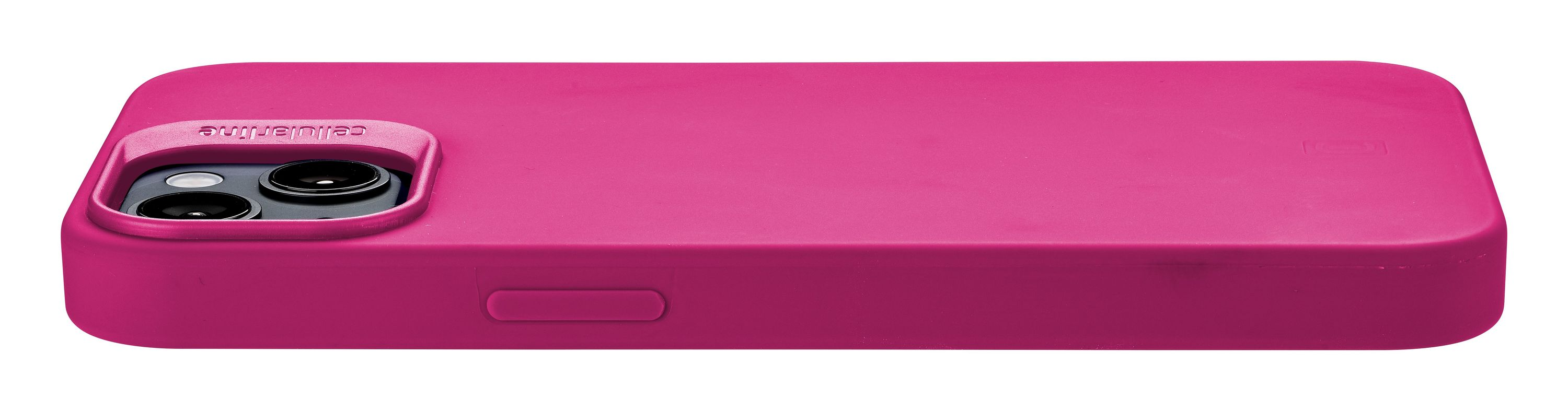 Pembe telefon kılıfı. Kamera boşluğu ve düğmeleri var. Kılıf beyaz zemin üzerinde.