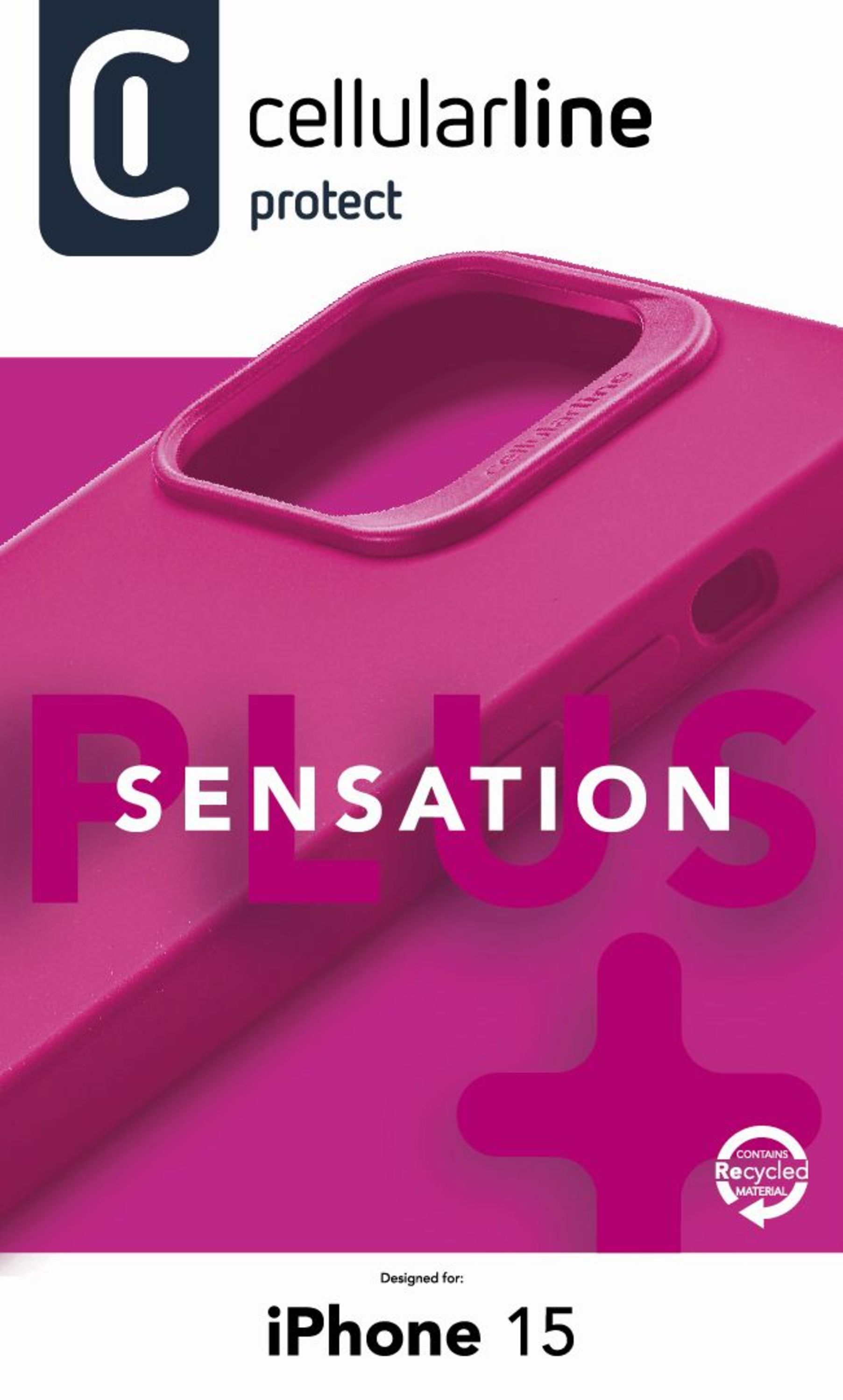 Pembe telefon kılıfı, 'SENSATION PLUS' ve 'cellularline protect' metinleriyle. iPhone 15 için tasarlandı.