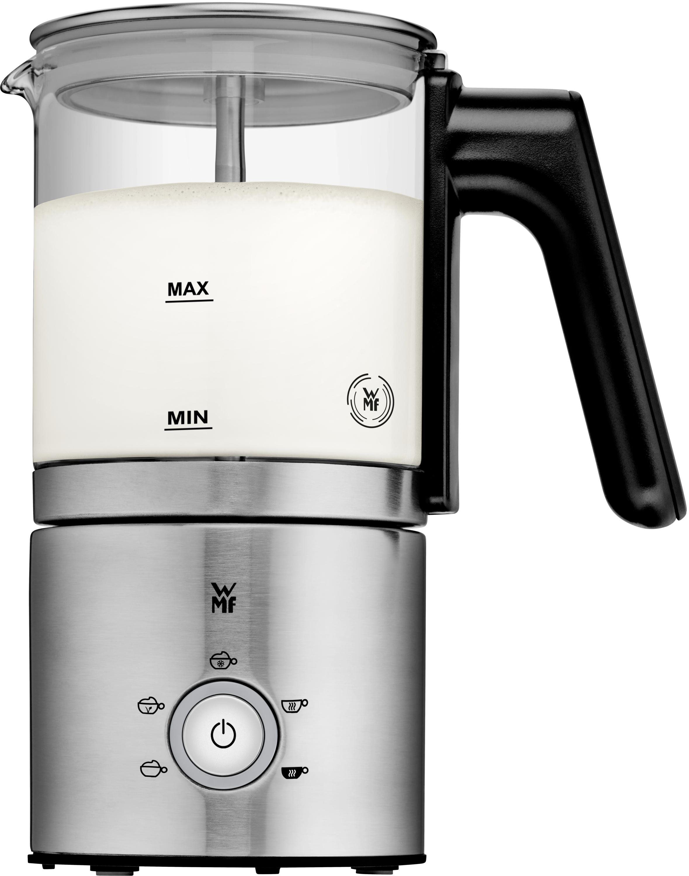 Milchaufschäumer mit Glasbehälter, der den Milchstand anzeigt, und schwarzem Griff.