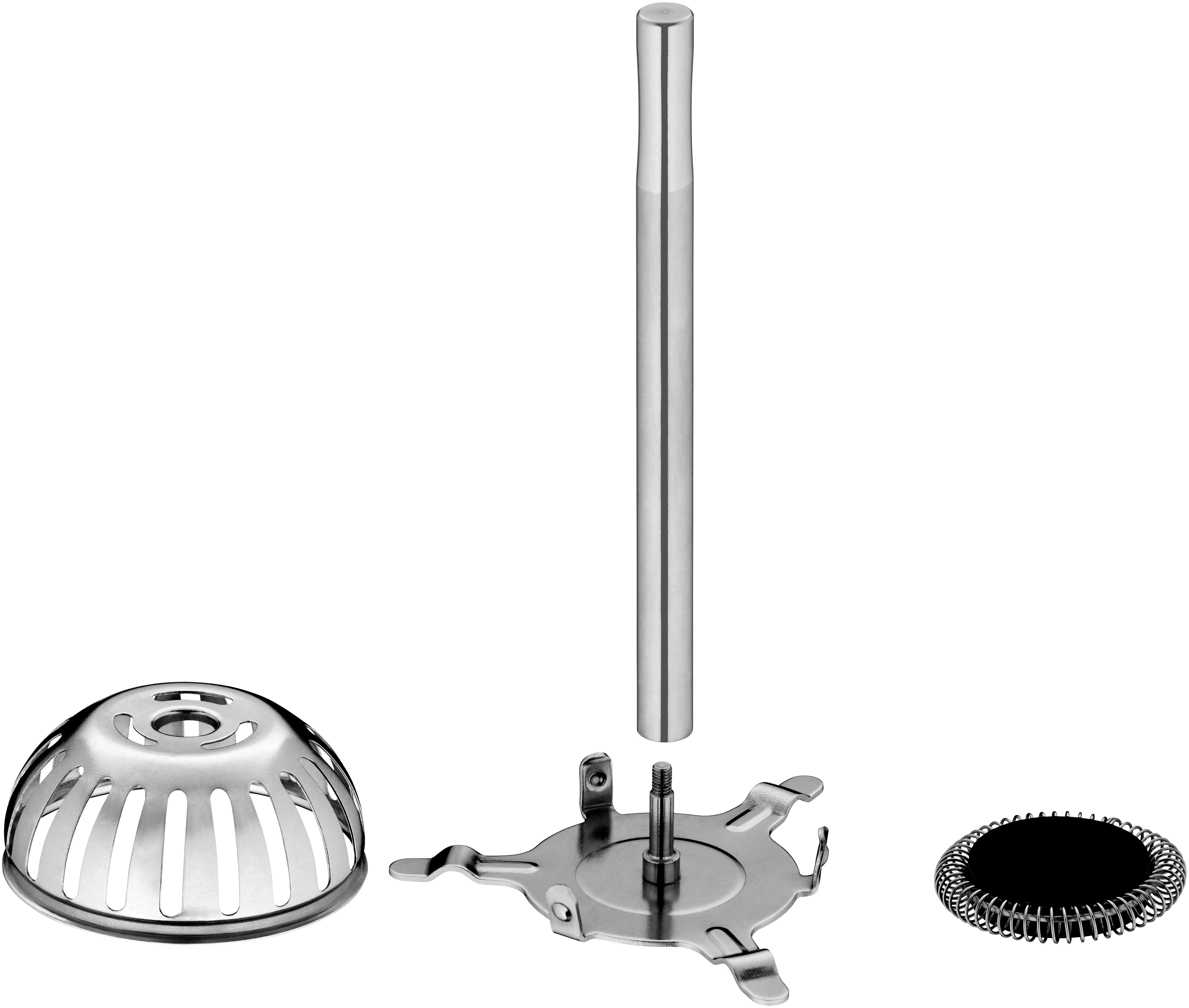 Komponenten einer French Press: Metallbasis, Deckel, Filter und Griff.