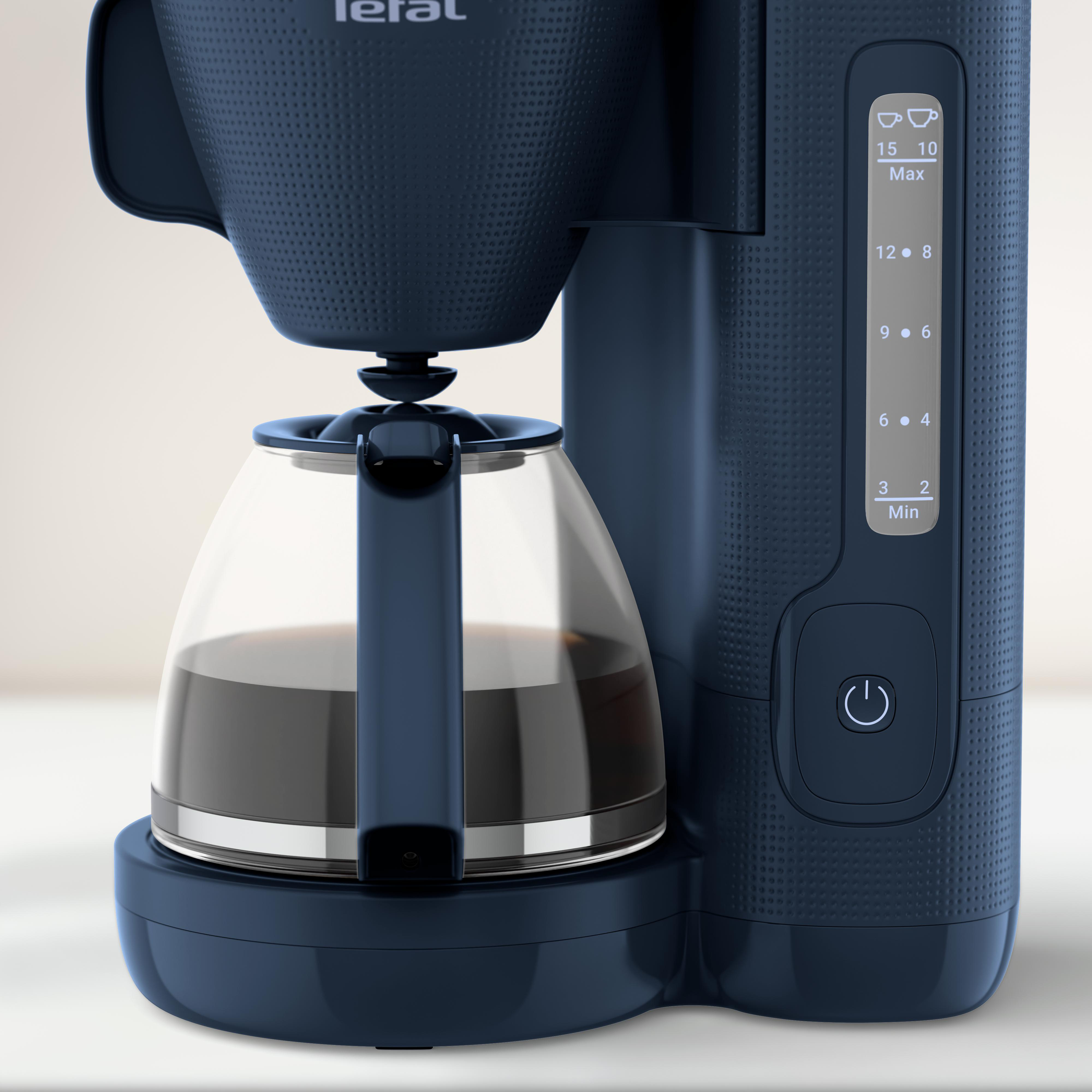 Nahaufnahme eines blauen Kaffeeautomaten mit Glaskaraffe und Bedienfeld.