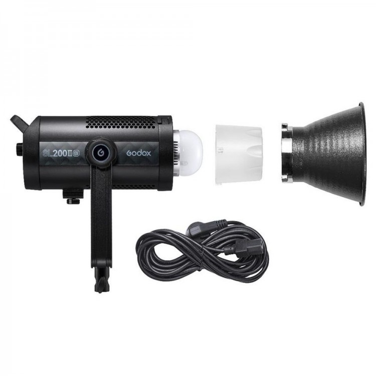 Schwarzes Godox SL200II Licht, zerlegt mit Zubehör. Enthält ein Kabel und einen Reflektor.