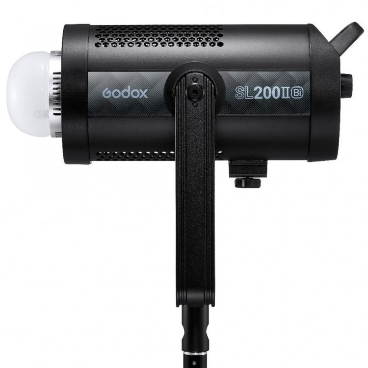 Schwarzes Godox SL200II Studio-Licht mit weißer Kuppel auf einem Ständer.