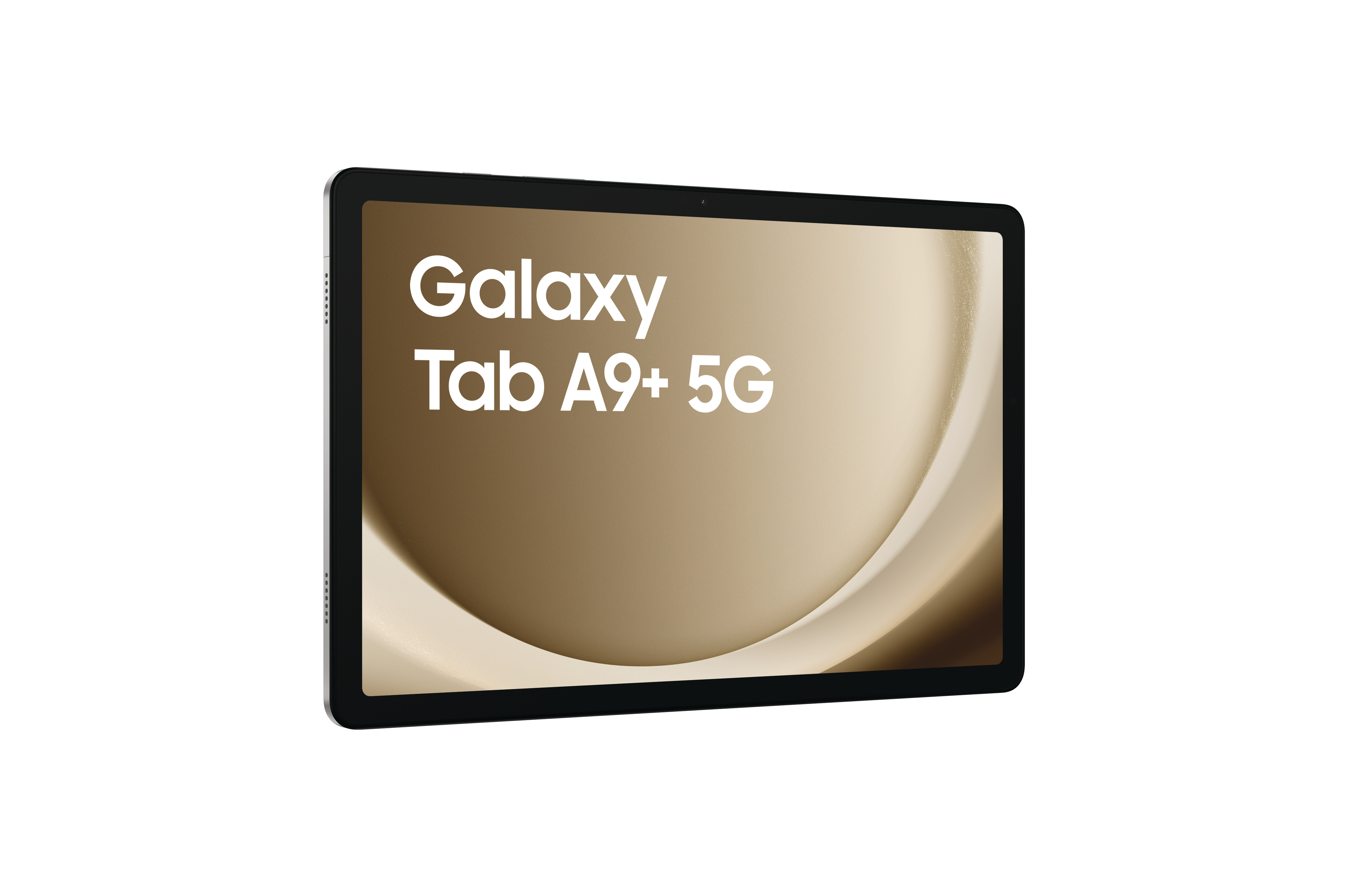 Ein silbernes Tablet, von vorne gesehen. Es zeigt Text mit der Aufschrift "Galaxy Tab A9+ 5G" auf goldenem Hintergrund.