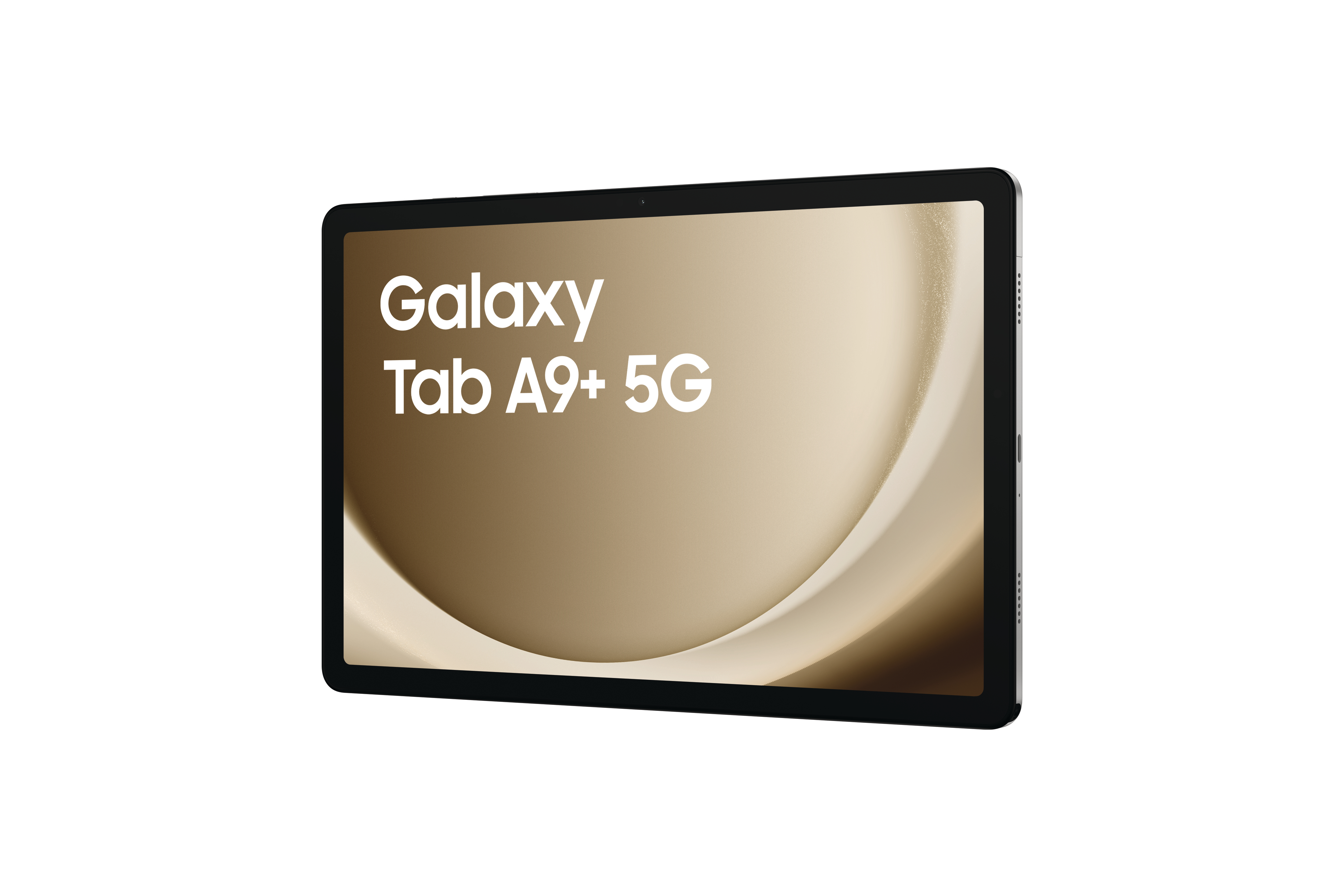 Ein schwarzes Tablet mit dem Text „Galaxy Tab A9+ 5G“ auf dem Bildschirm, goldener Hintergrund.