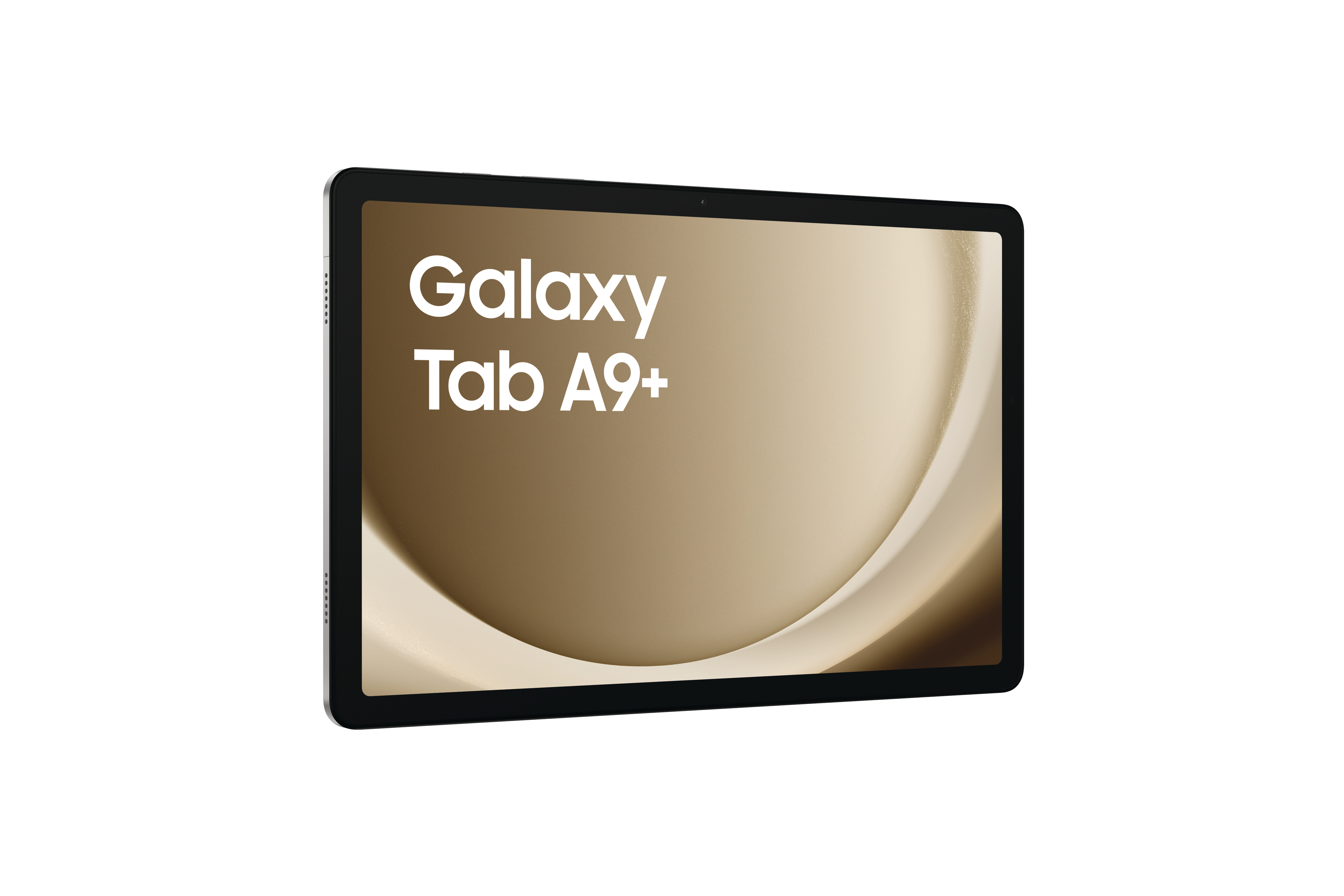Tablet mit weißem Rahmen und goldenem Bildschirm, der Text "Galaxy Tab A9+" anzeigt.