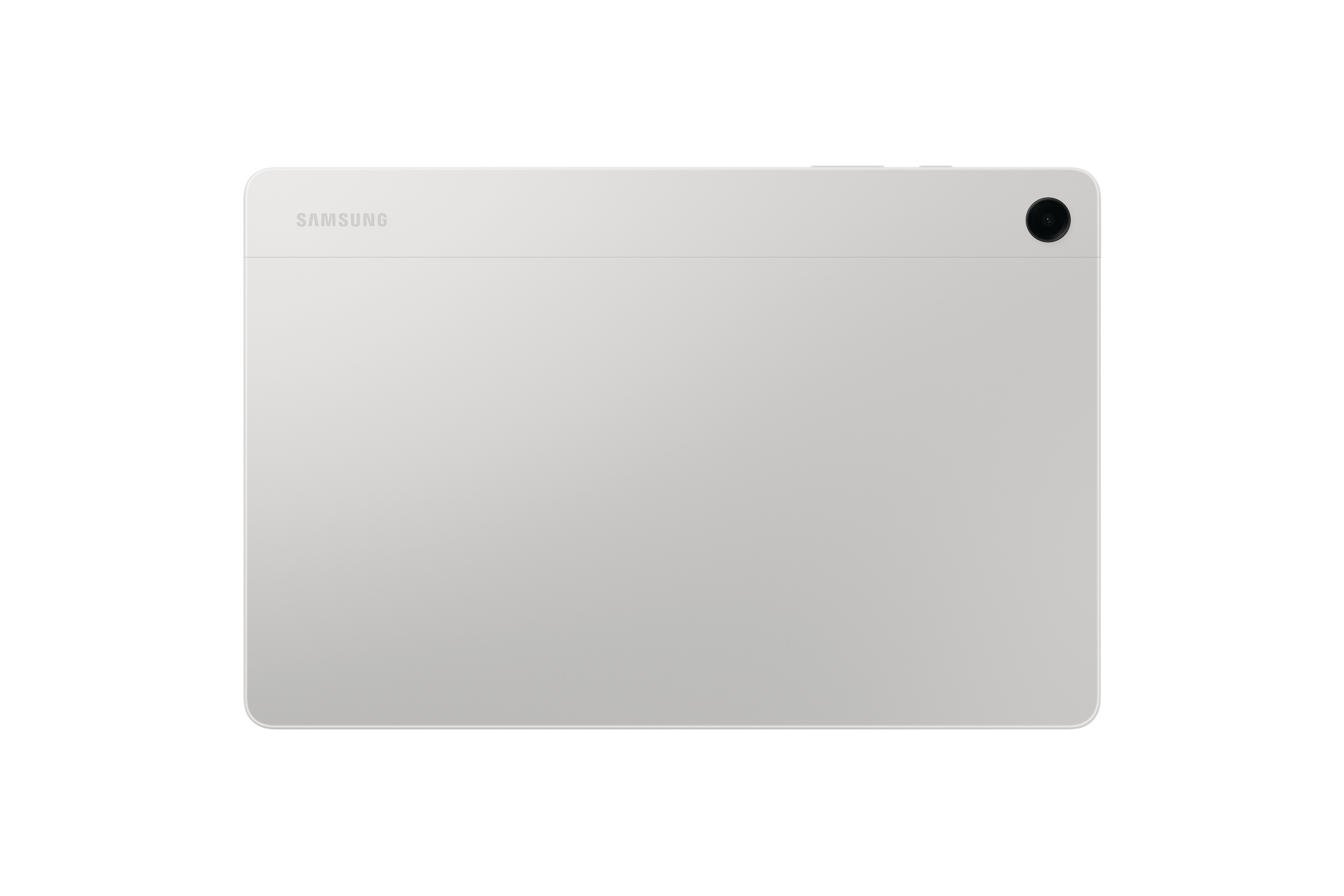 Rückansicht eines silbernen Tablets. Das Gerät hat eine Kamera oben rechts und ein silbernes Samsung-Logo.