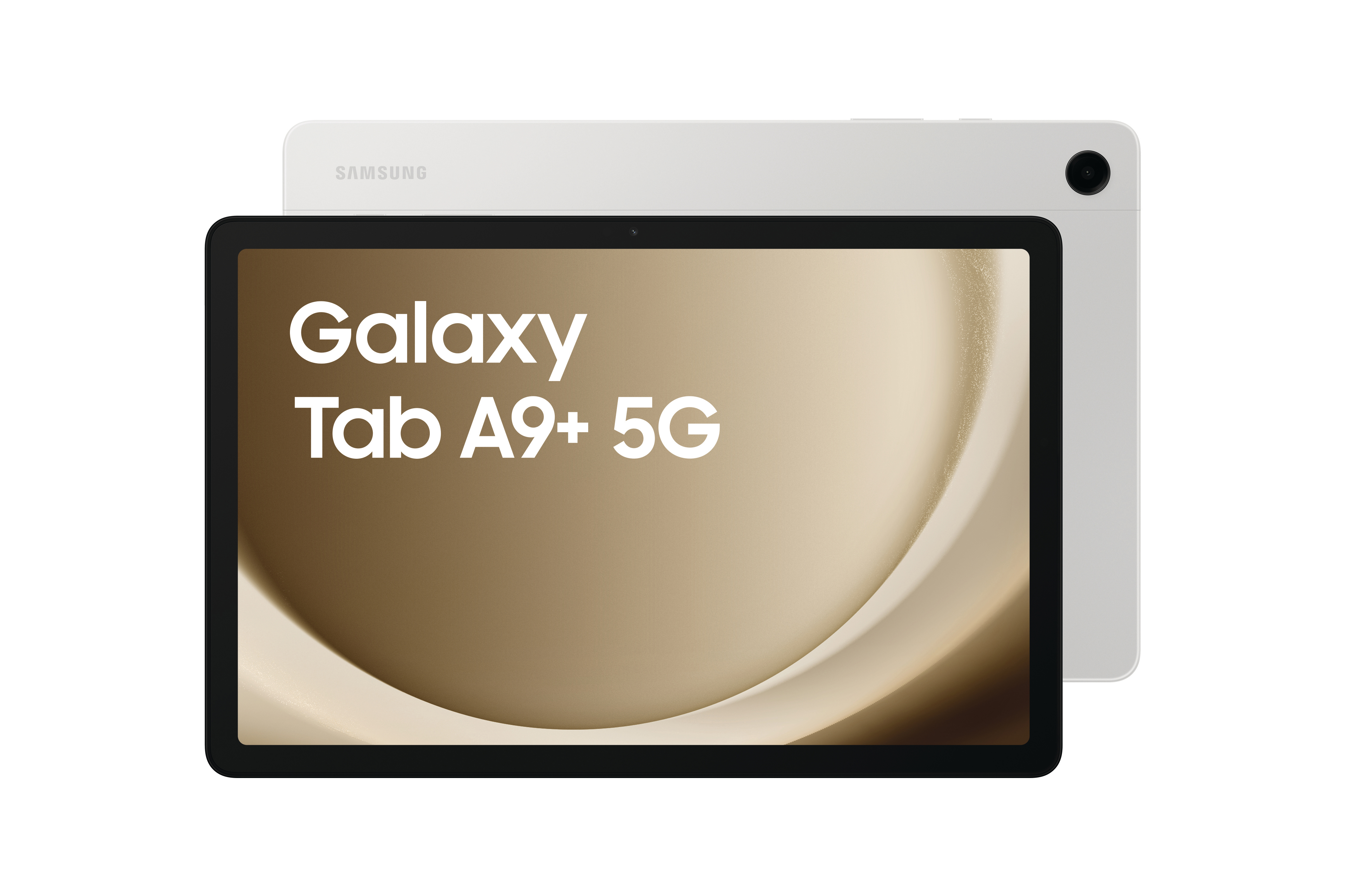 Weißes und silbernes Tablet mit den Worten 'Galaxy Tab A9+ 5G' auf dem Bildschirm.