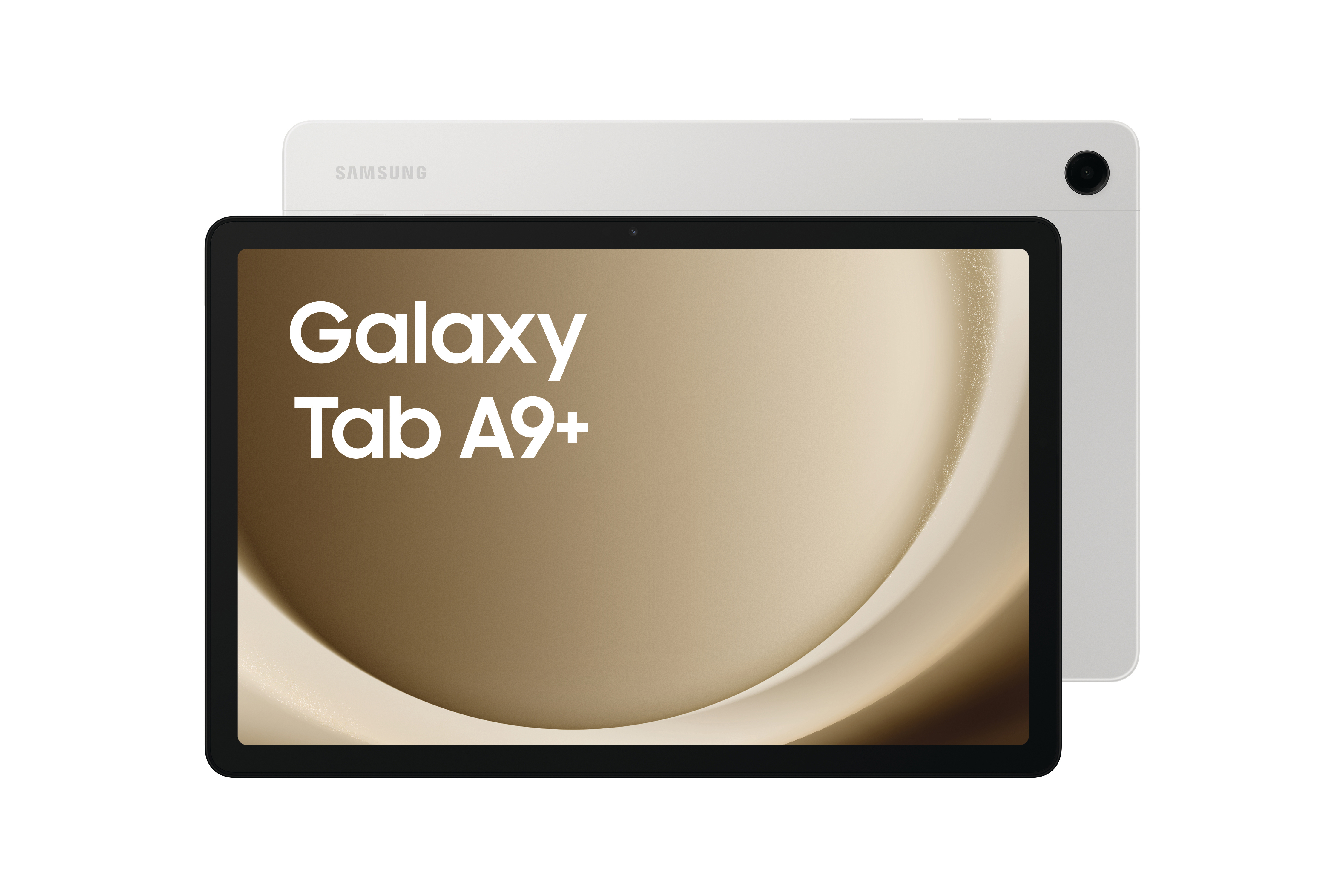 Weißes und silbernes Samsung Galaxy Tab A9+ Tablet, Vorder- und Rückansicht, isoliert auf Weiß.