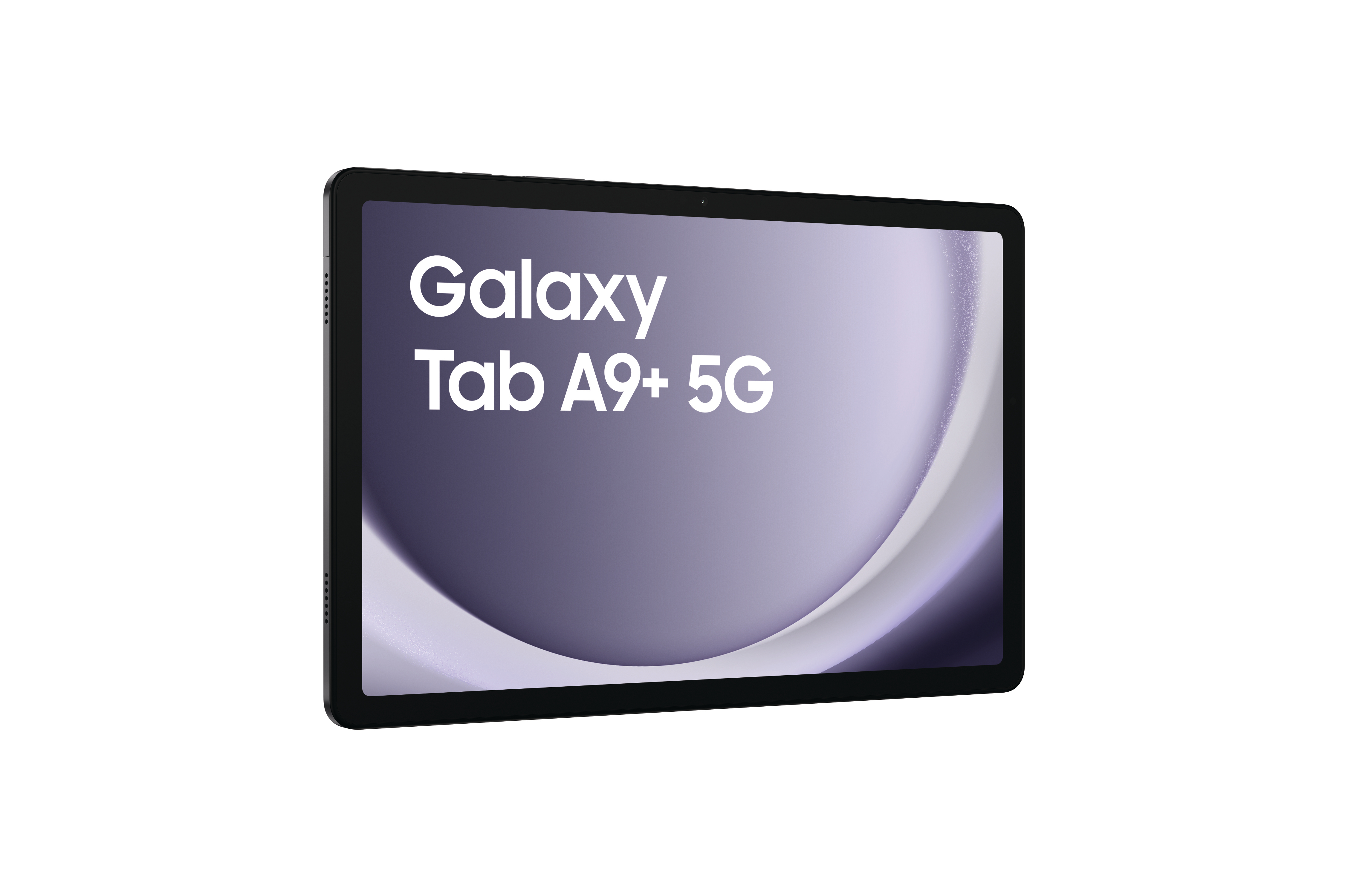Ein schwarzes Tablet mit Galaxy Tab A9+ 5G auf dem Bildschirm. Der Bildschirm hat einen lila geschwungenen Hintergrund.