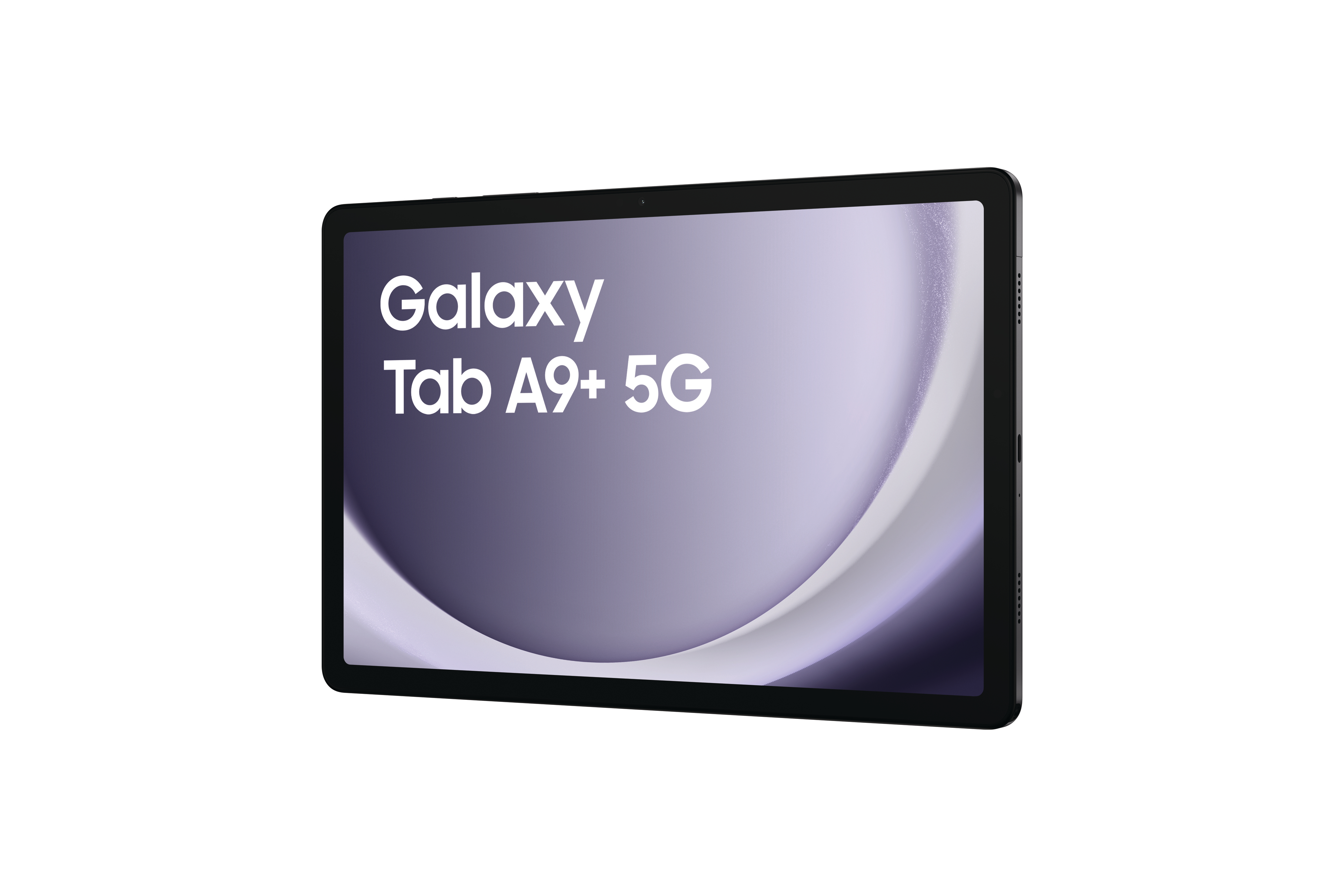 Ein schwarzes Tablet mit Galaxy Tab A9+ 5G auf dem Bildschirm. Der Bildschirm hat einen lila geschwungenen Hintergrund.