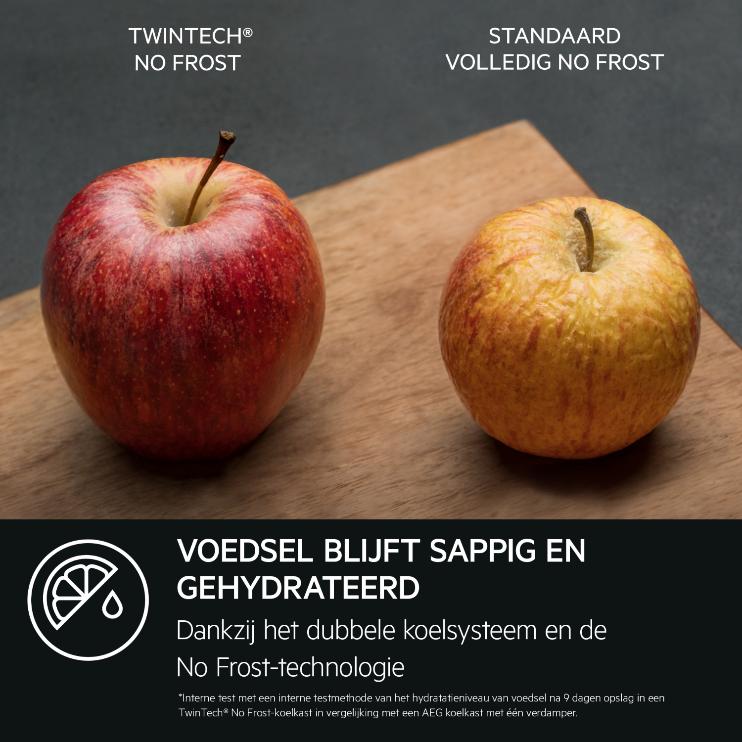 Twee appels, één rood en één geel, op een houten plank. Tekst beschrijft de versheid van voedsel.