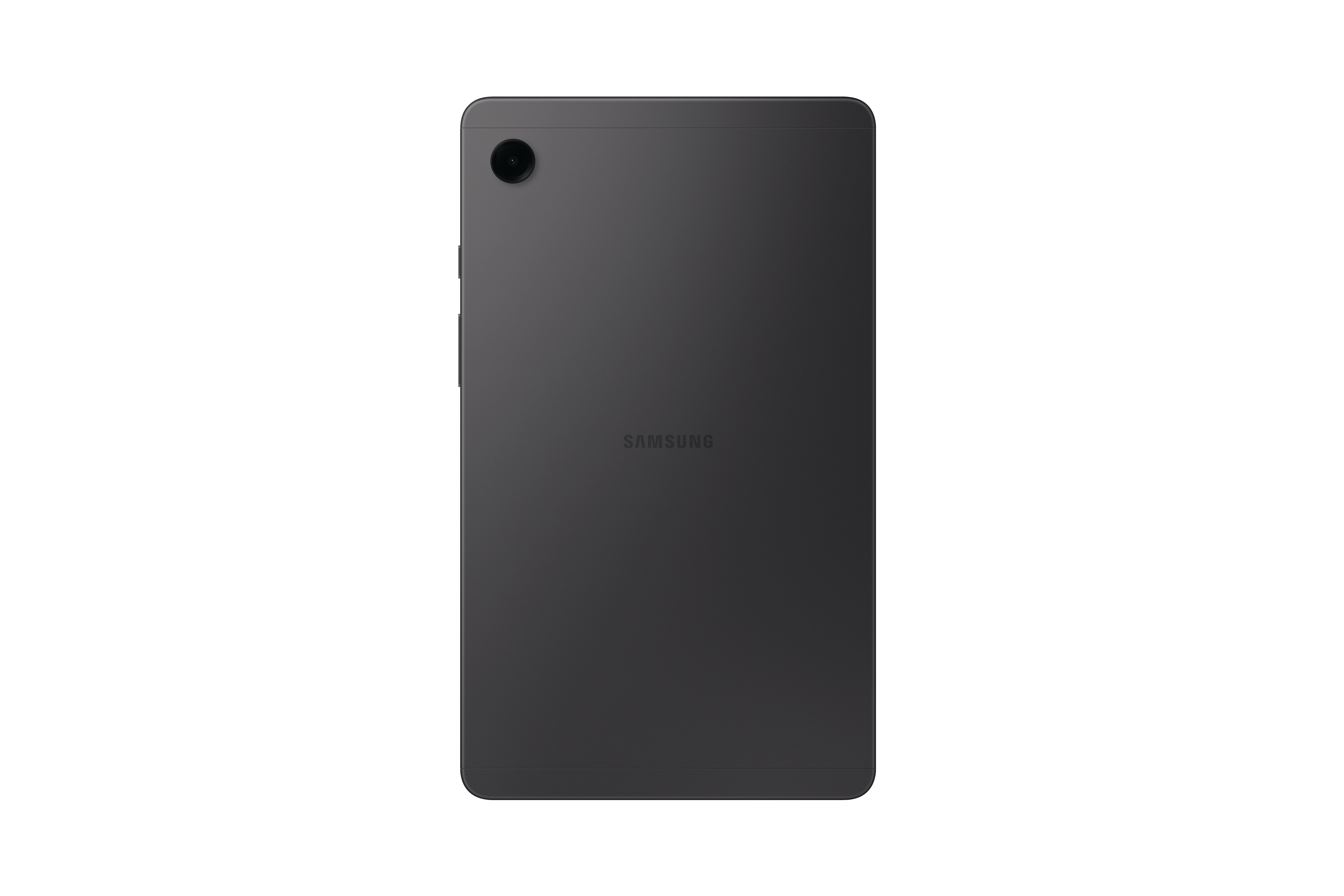 Rückseite eines grauen Tablets mit Kamera. Das Tablet hat das Samsung-Logo in der Mitte.