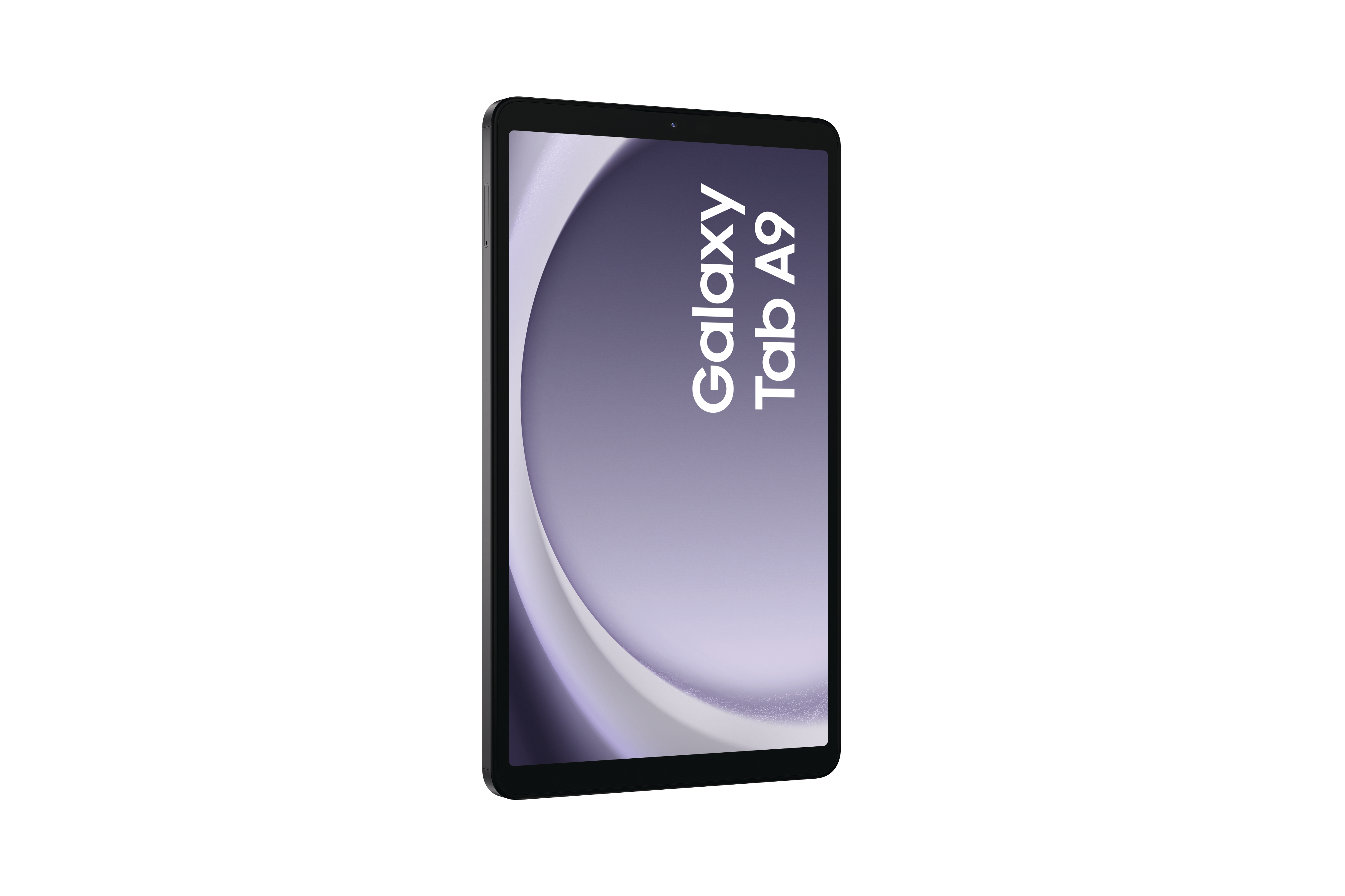 Ein schwarzes Tablet mit dem Text 'Galaxy Tab A9' auf dem Bildschirm. Auf weißem Hintergrund.