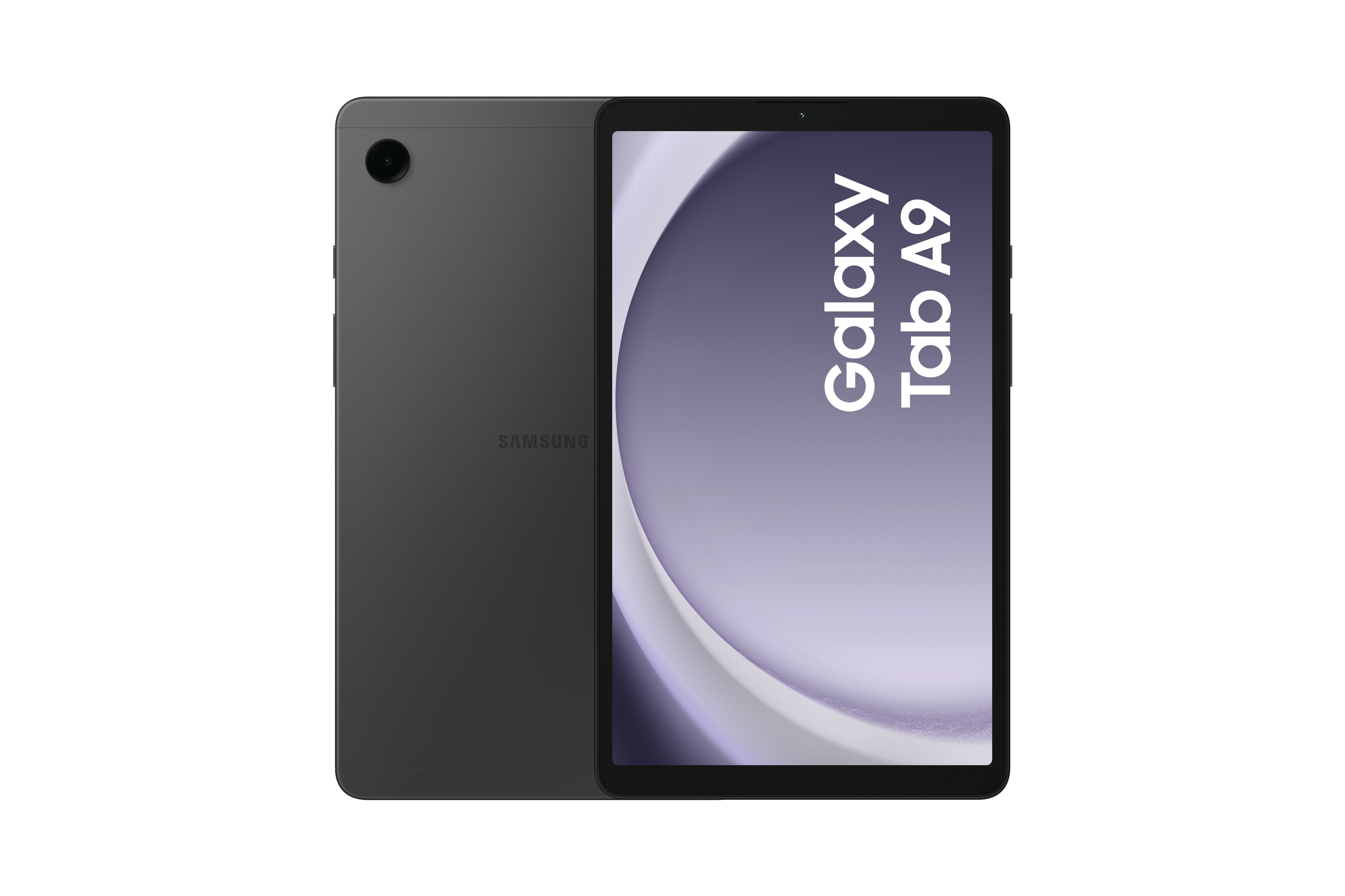 Graues Tablet mit den Worten 'Galaxy Tab A9' auf dem Bildschirm. Die Rückseite ist ebenfalls sichtbar.