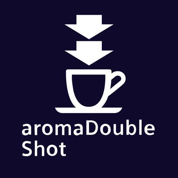 Weiße Pfeile nach unten, eine Tasse Kaffee und der Text 'aromaDoubleShot'.
