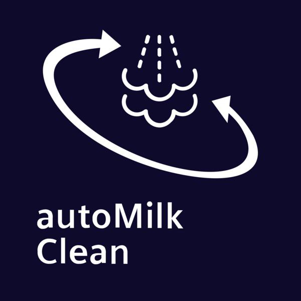 Symbol mit gebogenen Pfeilen und Wassertropfen, darunter der Text "autoMilk Clean", vor dunkelblauem Hintergrund.
