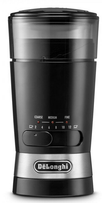 Czarny i srebrny młynek do kawy De'Longhi.