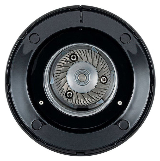 Podstawa młynka do kawy, czarna, pokazująca ostrza mielące, otoczona czarną ramą.