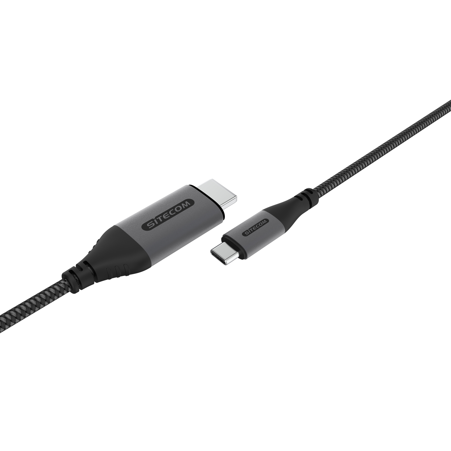 A USB-C cable with two gray connectors. The cable is black and braided. Sitecom logo on both connectors.