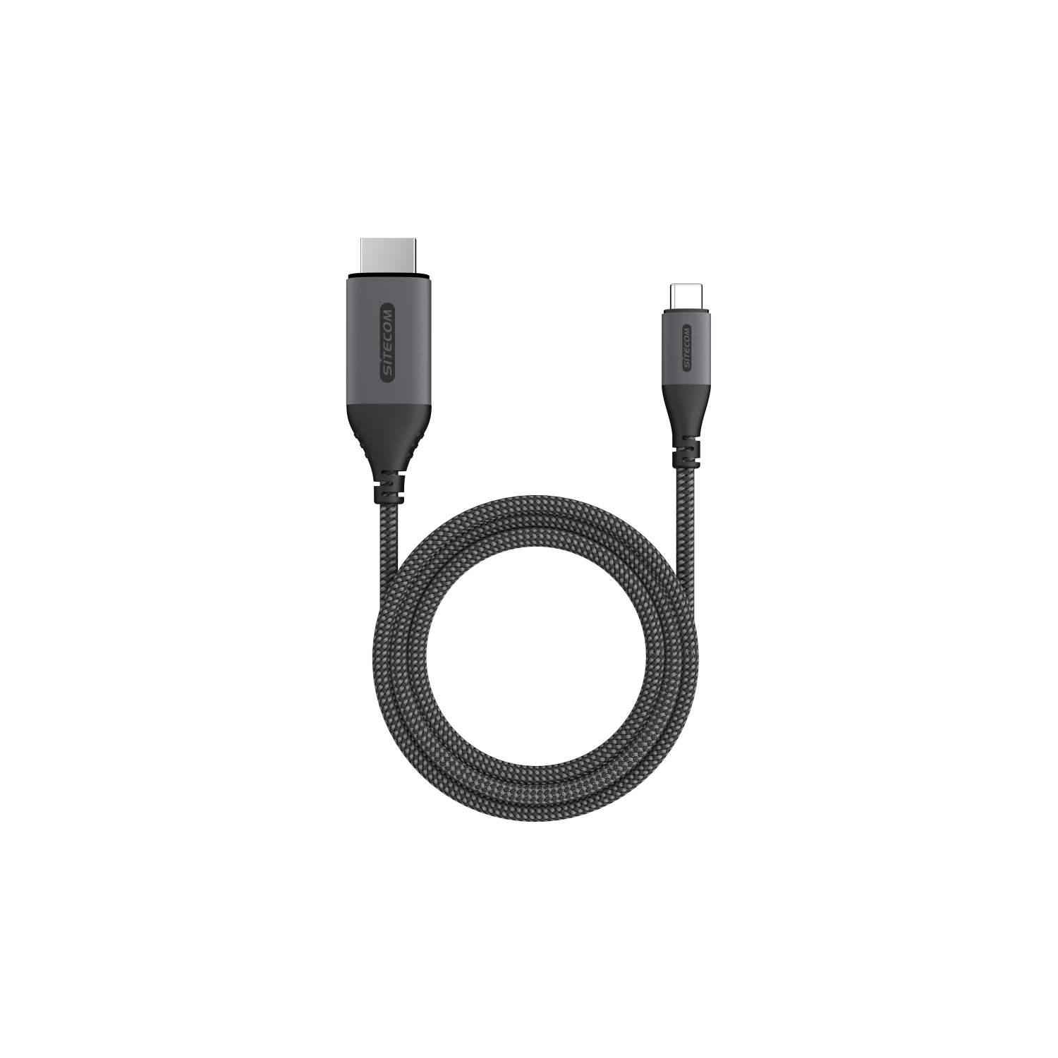 Black and gray USB-C cable. The cable has a gray braided design and two connectors.