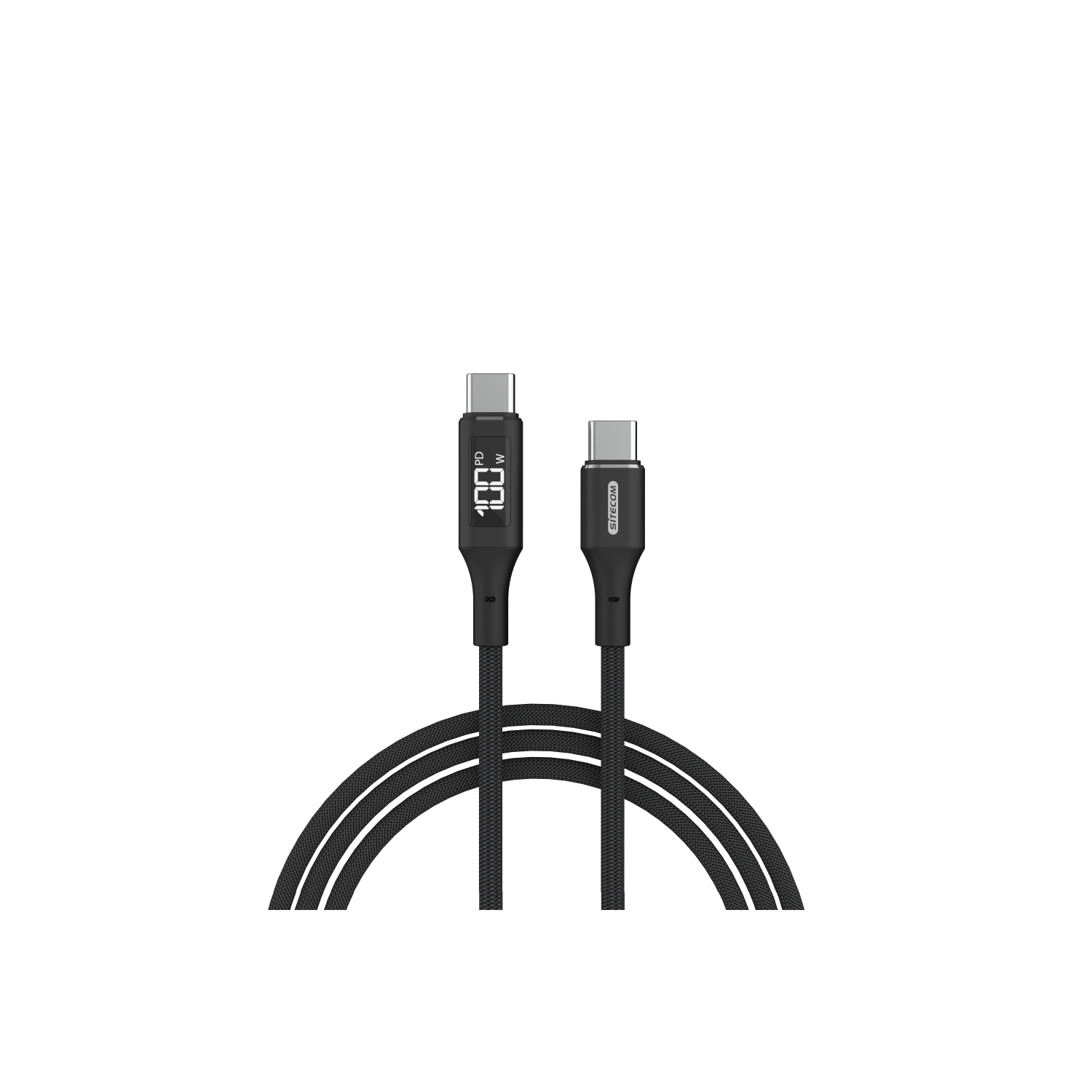 Zwarte USB-C-kabel met digitaal display dat 100% weergeeft. Aangesloten op USB-C.