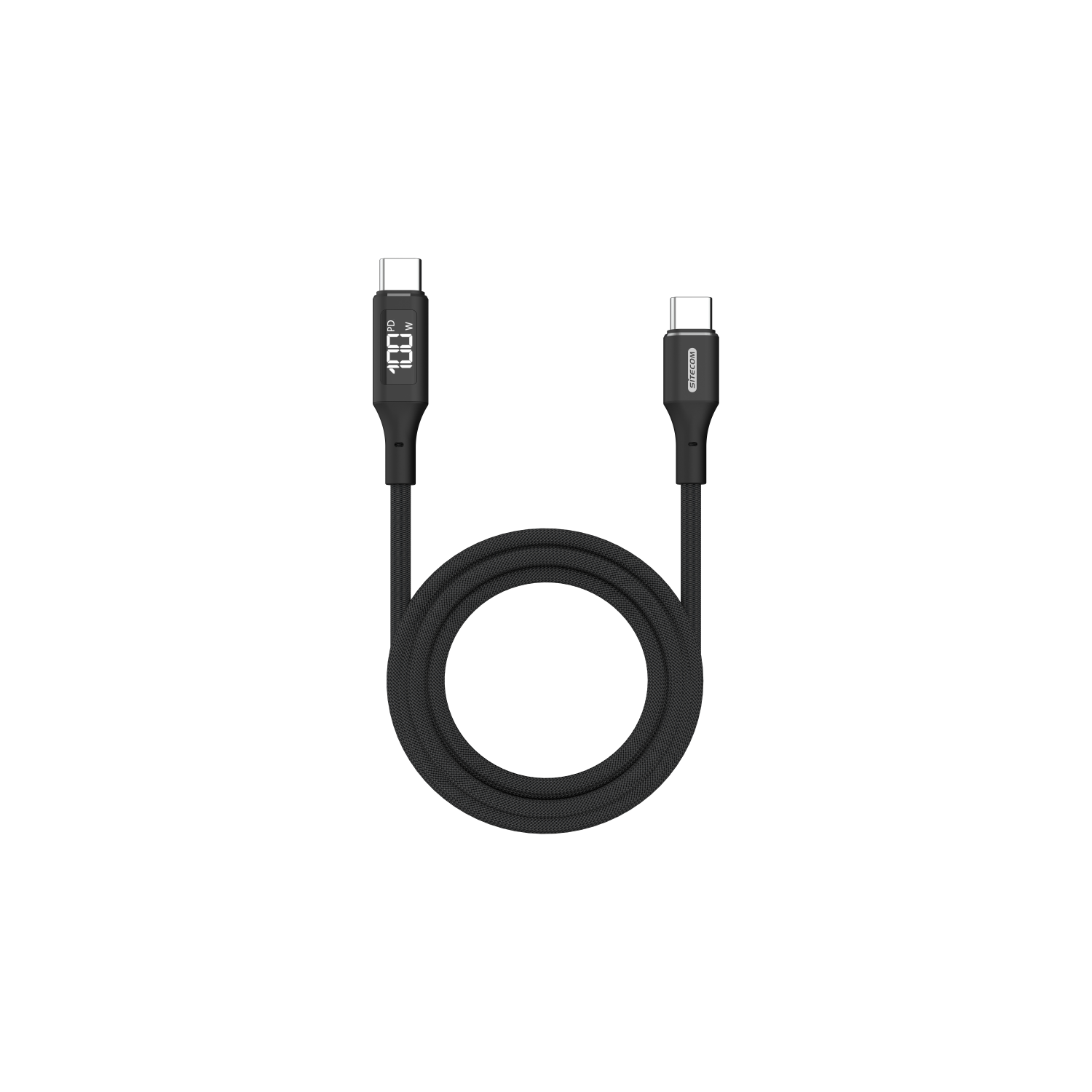 Zwarte gevlochten USB-C-kabel met scherm.