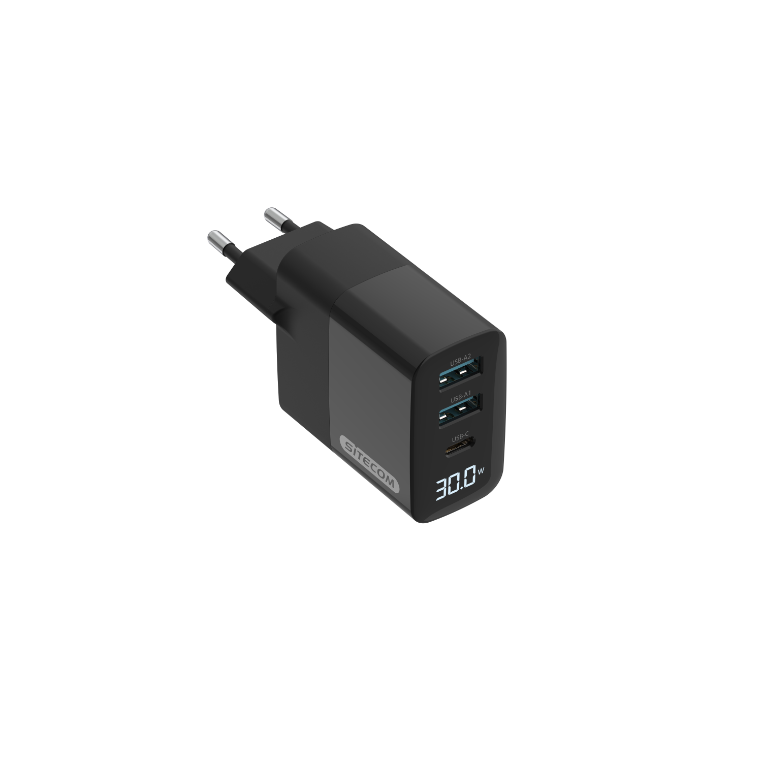 Black and gray charger with two USB ports and a USB-C port, and a display of 30.0W.