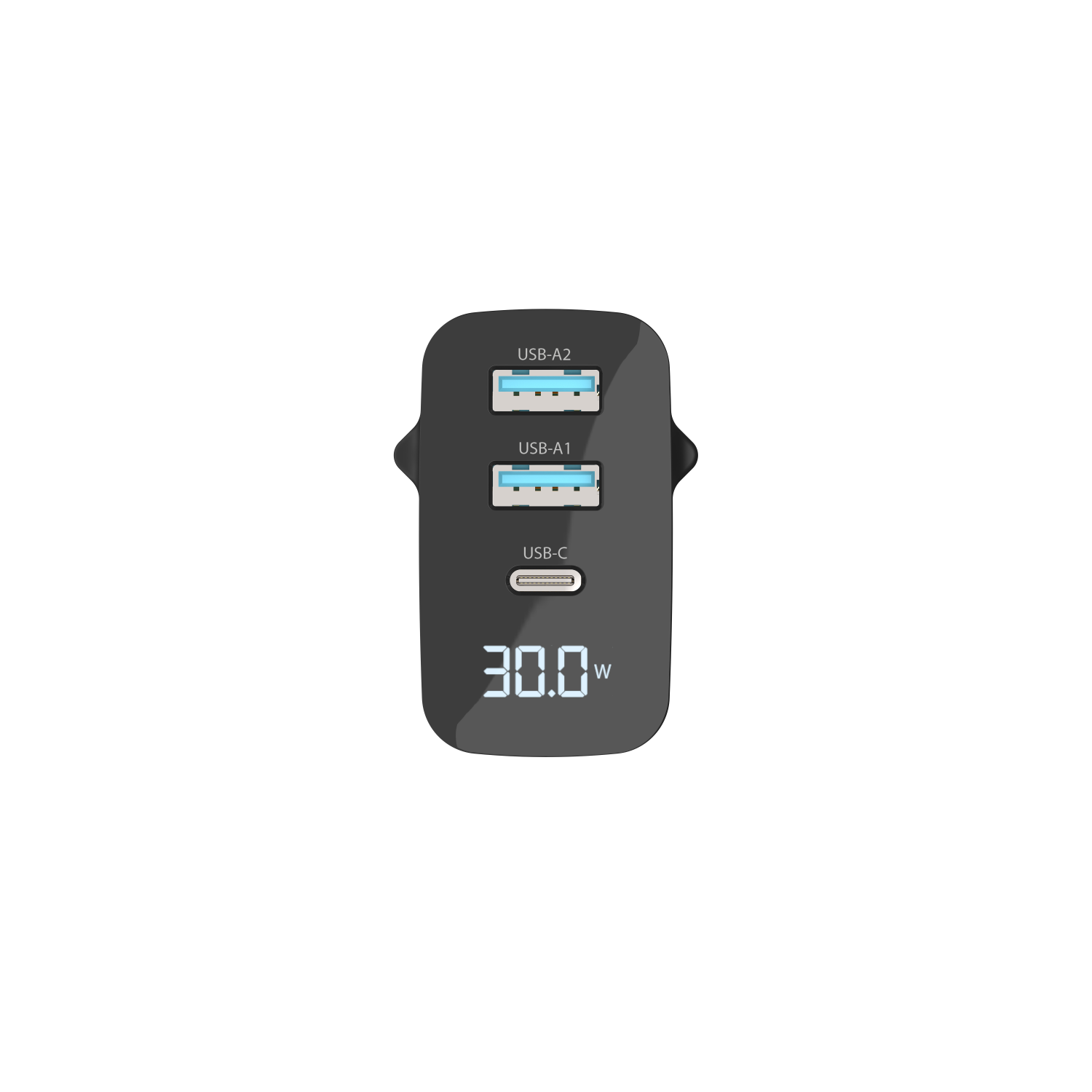 Black power adapter with USB-A and USB-C ports, 30.0W text.