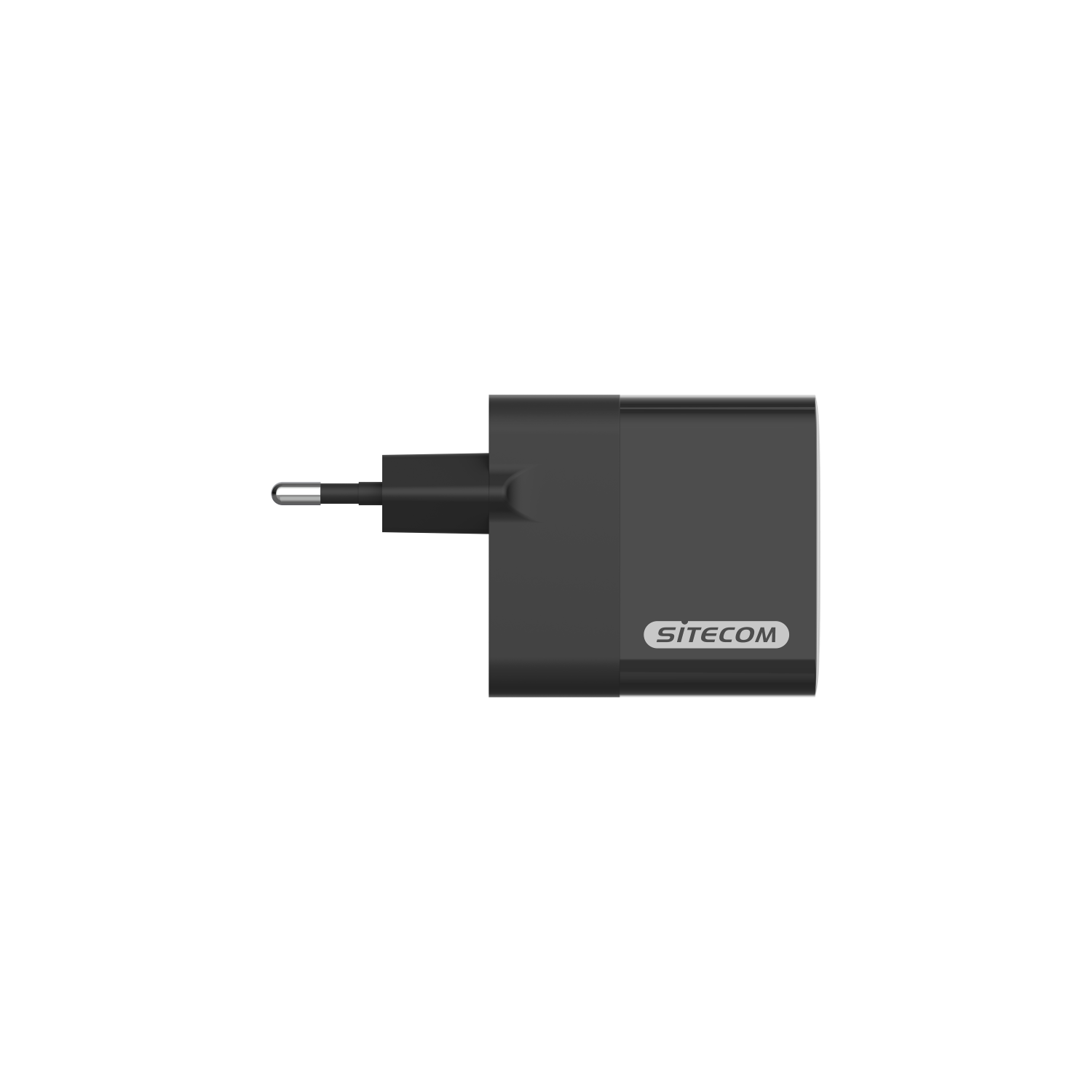 A black wall charger with a plug and the Sitecom logo. It is on a white background.