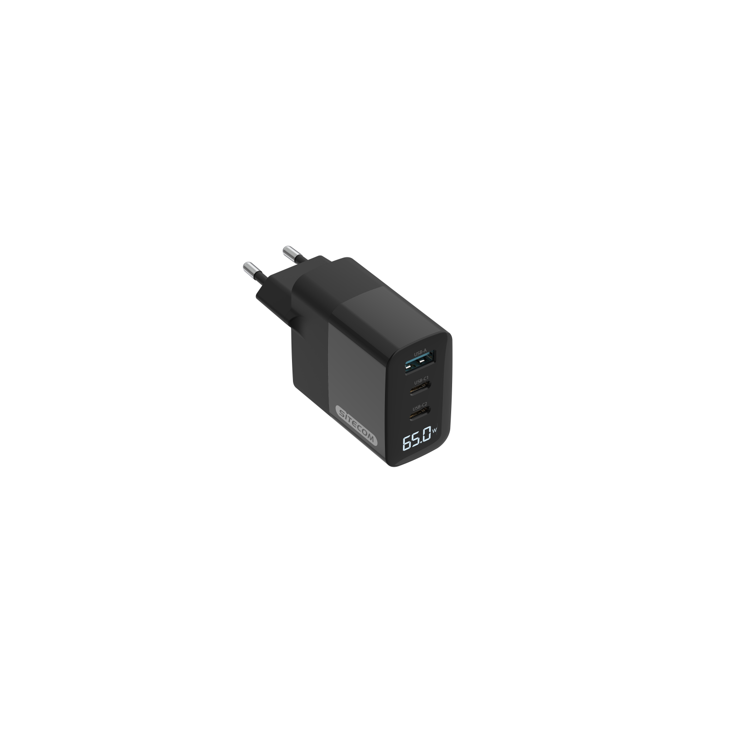 Black charger with two USB ports and a power plug. It has the brand name of SITECOM.