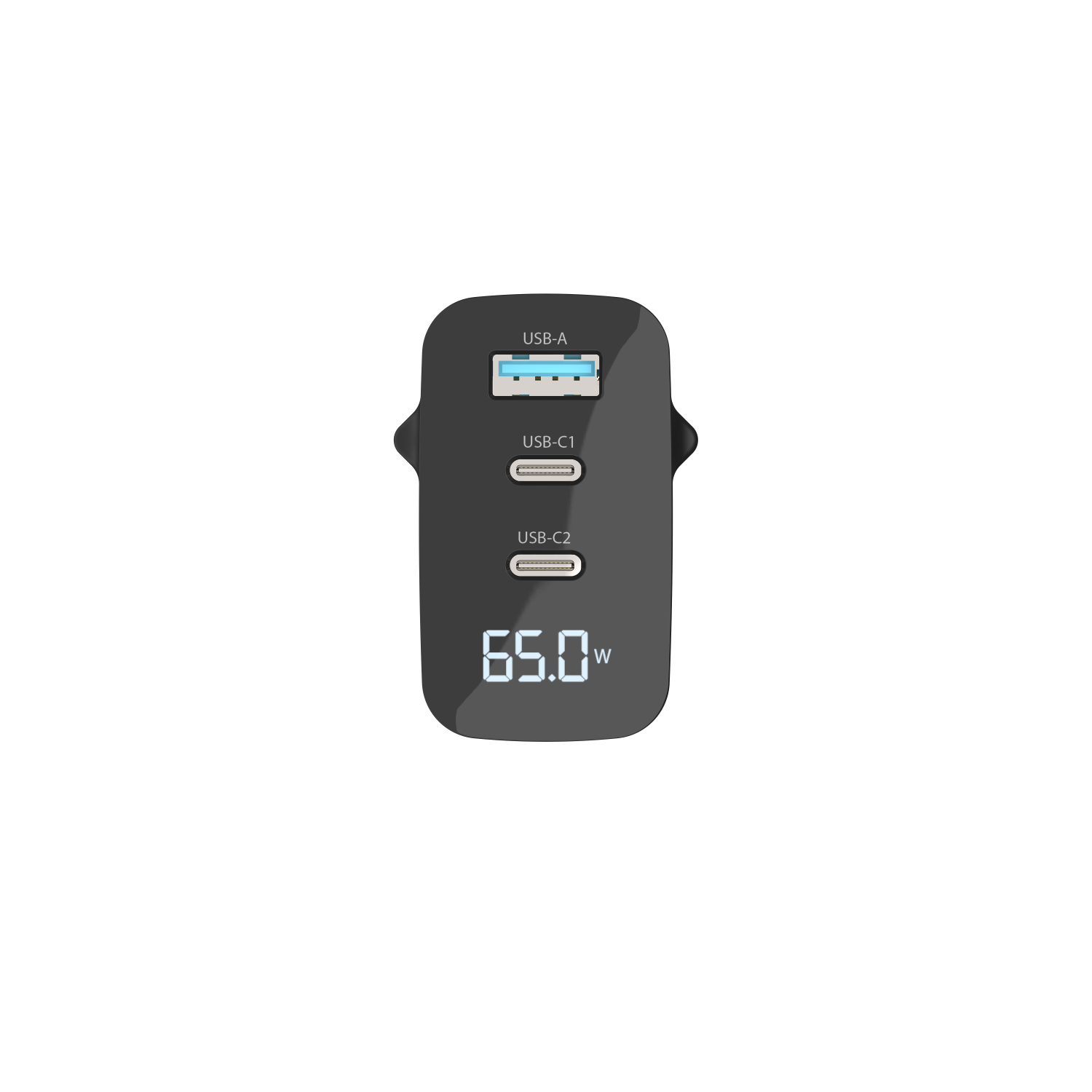 Black USB charger with USB-A and USB-C ports, displaying 65.0W on the front.